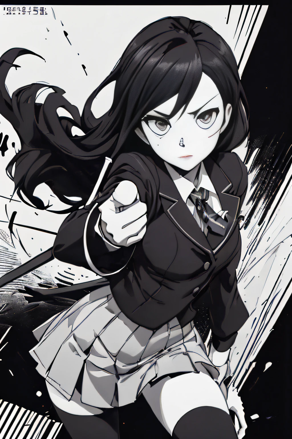 (Comic Noir Style),(linear art_Anime),(black-and-white_High contrast),(masutepiece, Best Quality, ),(Loravard Photos:1.2),(Lora Add Details:1.2),8K, Flat color:1.2,1girl in,hi-school girl、school  background、actionpose