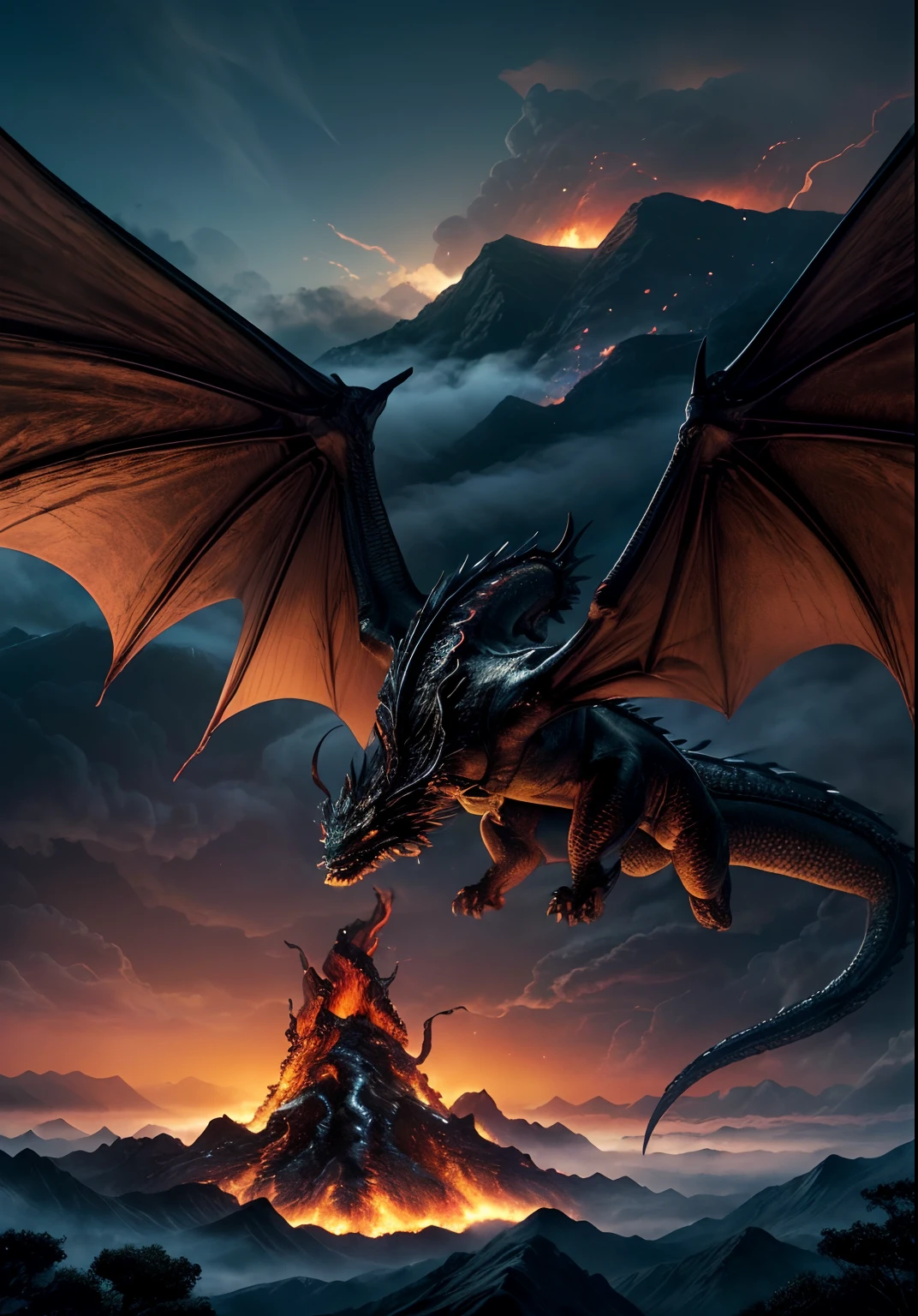 A dragon flies in the sky, ((realisti, photo-realistic: 1.3), Extremely refined and beautiful, astounding, finely detail, an intricate, (((dragon, Surrounded by flames, Black Mountains, the trees, magma, the wind, Long wavy body, hiquality, higly detailed, Epic))), particle fx, Dynamic Effects, Surround sound, Clouds, Sundown, sharp-focus, volumetric fog, 8K Ultra HD,  dslr, hiquality, (film grains: 1.4), Fujifilm XT3,official arts, 统一 8k 壁纸,surround light, holiness, back light, On the contrary