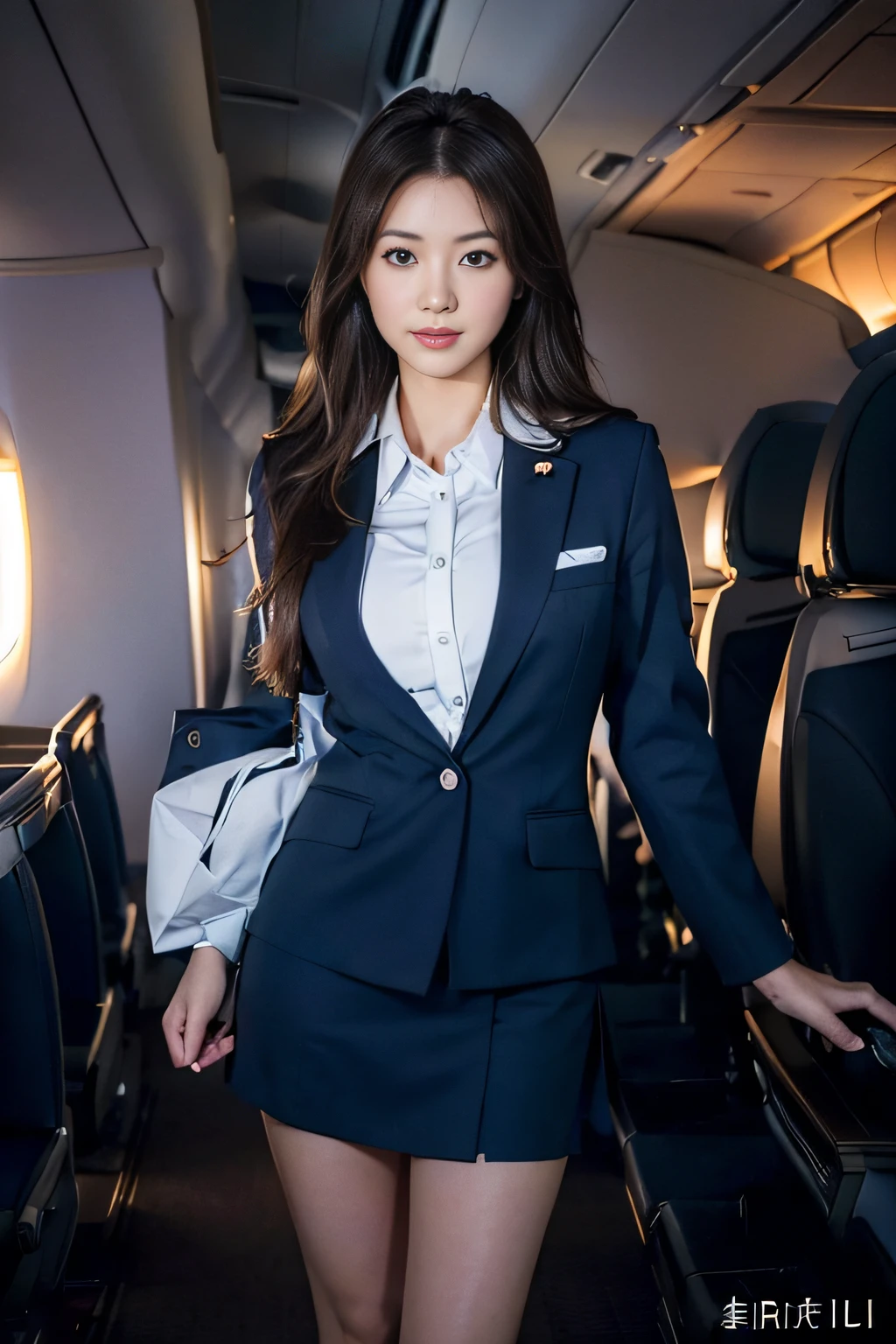 ((beatiful japanse girl:1.3)) ((flight attendant:1.4)) ((in the airplane:1.3)) ((thin_fabric:1.4)) (( breasts)) ((close-up:1.2)) best quality,masterpiece,ultra high res,(photorealistic:1.4),raw photo,(Authentic skin texture:1.3),(film grain:1.3),panorama,character portrait,very wide shot,narrow waist,cowboy shot,(in the dark, deep shadow, low key, cold light,) night,(()),streaming tears,,dust,Tyndall effect,(expression),1girl,beautiful detailed eyes and face,white jabot,brown eyes,((brown hair:1.2)) ((full body:1.3)) ((long hair:1.2)) ((smile:1.3)) ((standing:1.3)) ((dark blue skirt suit:1.2)) ((skirf:1.2))
