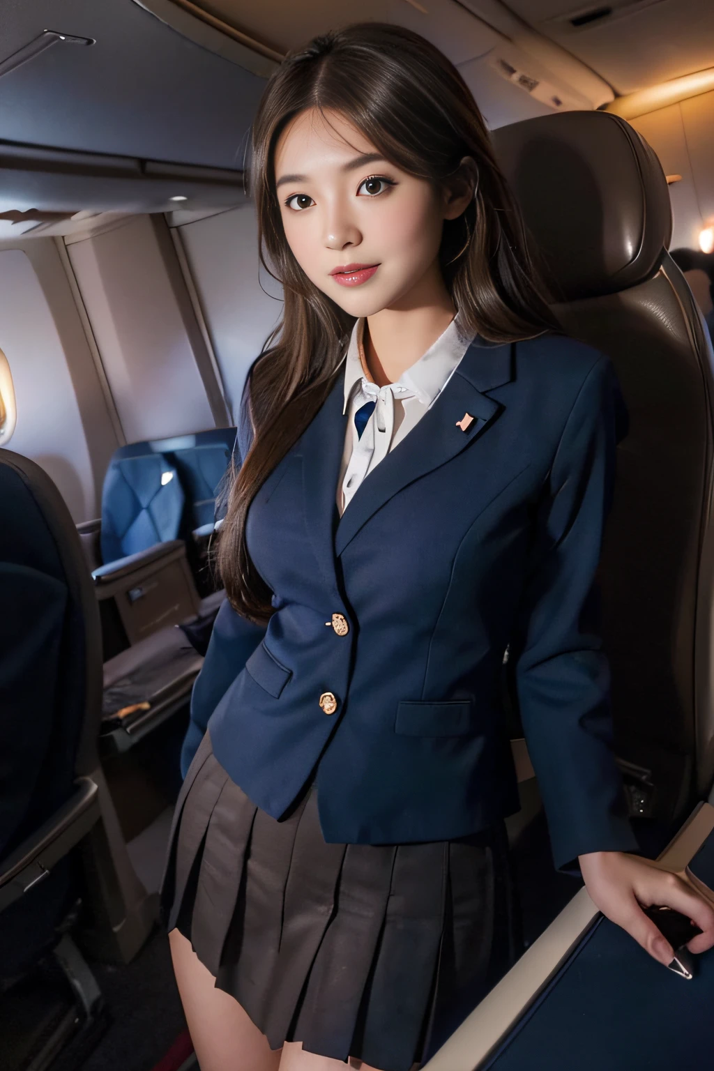 ((beatiful japanse girl:1.3)) ((flight attendant:1.4)) ((in the airplane:1.3)) ((thin_fabric:1.4)) (( breasts)) ((close-up:1.2)) best quality,masterpiece,ultra high res,(photorealistic:1.4),raw photo,(Authentic skin texture:1.3),(film grain:1.3),panorama,character portrait,very wide shot,narrow waist,cowboy shot,(in the dark, deep shadow, low key, cold light,) night,(()),streaming tears,,dust,Tyndall effect,(expression),1girl,beautiful detailed eyes and face,white jabot,brown eyes,((brown hair:1.2)) ((full body:1.3)) ((long hair:1.2)) ((smile:1.3)) ((standing:1.3)) ((dark blue skirt suit:1.2)) ((skirf:1.2))