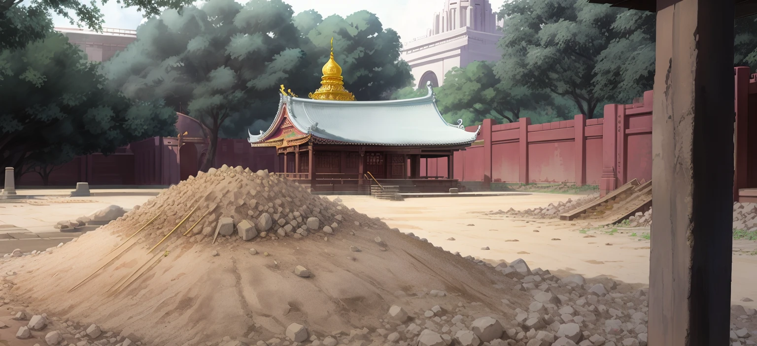 there is a pile of dirt in front of a building, temple in the background, front side view, a temple, anime drawing style, line art,