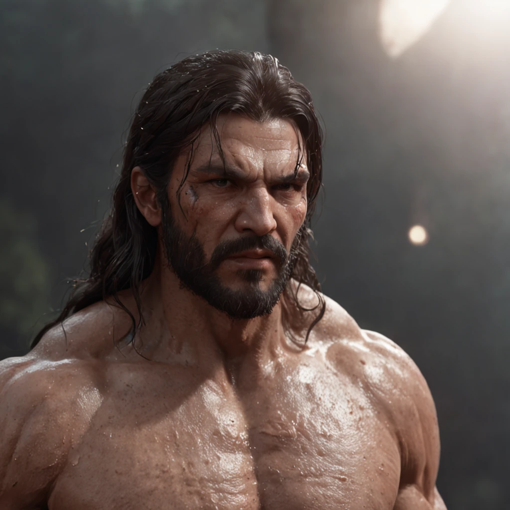 (professional 3d render:1.3) af (Realistic:1.3) most beautiful artwork photo in the world,Features soft and shiny male heroes, ((Epic hero fantasy muscle man rough wet hero angry look long hair short beard and ferocious expression in dynamic pose, Fantastic location, Majestic cluttered environment)), full body 8k unity render, action shot, skin pore, very dark lighting, heavyshading, Detailed, Detailed face, (vibrant, photograph realistic, Realistic, Dramatic, Dark, Sharp focus, 8K), (Old leather garments damaged by weathering:1.4), ((((Wear fur)))), (Intricate:1.4), decadent, (Highly detailed:1.4), Digital painting, rendering by octane, art stations, concept-art, smooth, Sharp focus, illustration, Art germ, (loish:0.23), wlop ilya kuvshinov, and greg rutkowski and alphonse mucha gracias, (Global illumination, Studio light, volumettic light), heavy rain, particles floating, lotr, fantasy, elf, full bodyesbian, ((Dark and ancient city background:1.3)),CGSesociety,art stations
