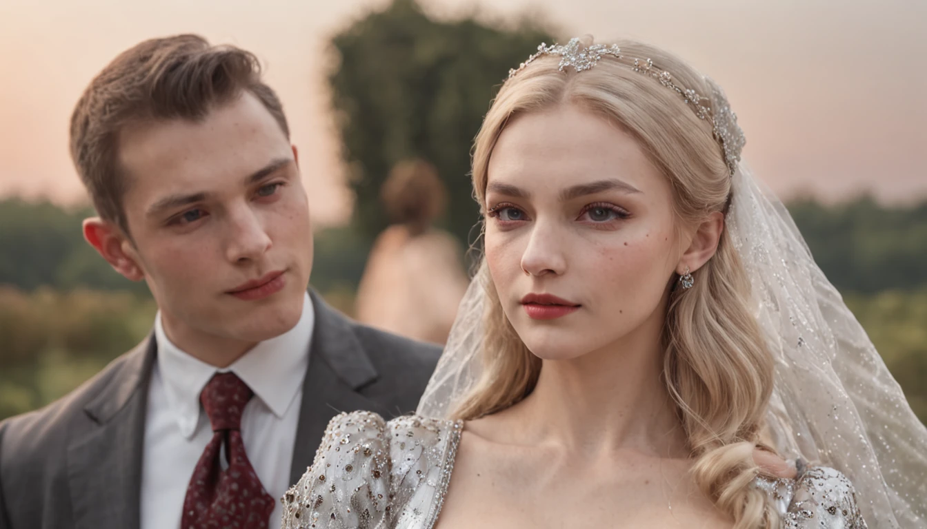 (1 Real woman and 1 real man, 25 years old, photorealistic, high resolution, best quality, masterpiece: (The woman has straight blonde hair down to the shoulders, beautiful Slavic, heterochromatic eye, mole below the eye, thick eyebrows, freckles, with a long and tight party dress, with golden sequins, embroidered velvets, silver brocades and crystal details, large chest, small waist, normal thighs) (The man has short, black hair, elegant in a suit with a black jacket, white shirt and red tie), dancing in a beautiful flowery field. Full moon, many stars.)), minimalist, Christmas, Flexography, lower body shot, textured, Motion blur, gameart, bleak colors, Memphis, moody lighting, 16-bit