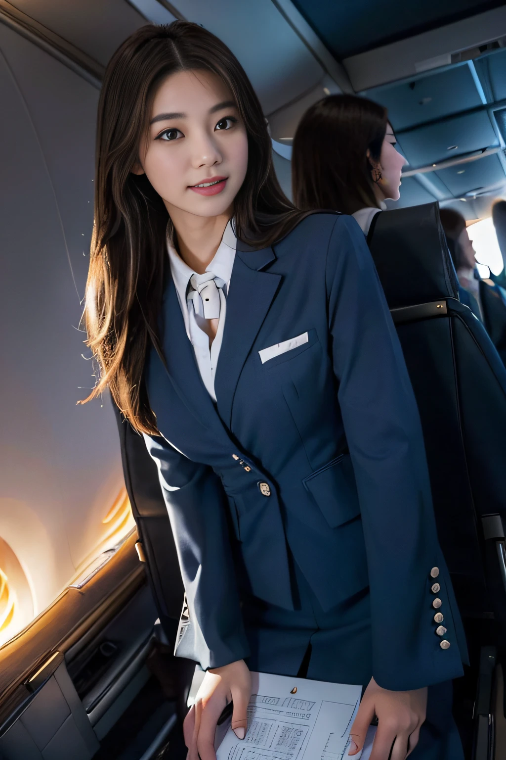 ((beatiful japanse girl:1.3)) ((flight attendant:1.4)) ((in the airplane:1.3)) ((thin_fabric:1.4)) (( breasts)) ((close-up:1.2)) best quality,masterpiece,ultra high res,(photorealistic:1.4),raw photo,(Authentic skin texture:1.3),(film grain:1.3),panorama,character portrait,very wide shot,narrow waist,cowboy shot,(in the dark, deep shadow, low key, cold light,) night,(()),streaming tears,,dust,Tyndall effect,(expression),1girl,beautiful detailed eyes and face,white jabot,brown eyes,((brown hair:1.2)) ((full body:1.3)) ((long hair:1.2)) ((smile:1.3)) ((standing:1.3)) ((dark blue skirt suit:1.2))