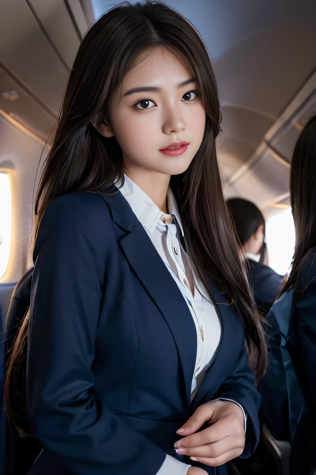 ((beatiful japanse girl:1.3)) ((flight attendant:1.4)) ((in the airplane:1.3))   ((thin_fabric:1.4))  (( breasts)) ((close-up:1.2)) best quality,masterpiece,ultra high res,(photorealistic:1.4),raw photo,(Authentic skin texture:1.3),(film grain:1.3),panorama,character portrait,very wide shot,narrow waist,cowboy shot,(in the dark, deep shadow, low key, cold light,) night,(()),streaming tears,,dust,Tyndall effect,(expression),1girl,beautiful detailed eyes and face,white jabot,brown eyes,((brown hair:1.2)) ((full body:1.3))  ((long hair:1.2)) ((smile:1.3)) ((standing:1.3)) ((dark blue skirt suit:1.2))