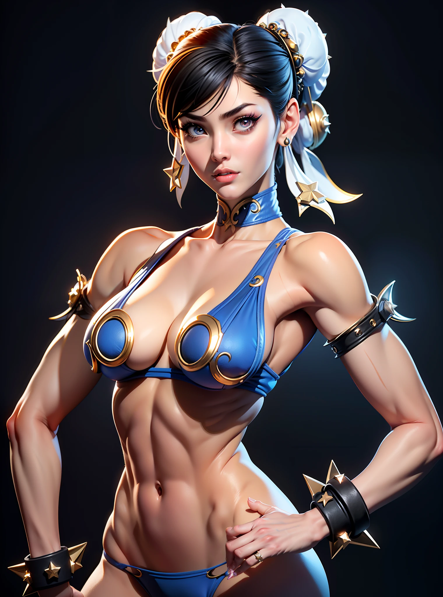 ((Best quality)), ((Masterpiece)), ((Realistic)) and ultra-detailed photography of a girl with goth colors. Chun- li, ((Chun- li)), dressed in (small black micro-thong, black micro-bikini:Star motif ) , ((Beautiful and aesthetic)), muscular fit body abs, Sexy, under-boobs, Hot, (Cream gradient background),Hyper-realistic,best qualtiy,8K,Works of masters,super-fine,Detailed pubic hair,Correct anatomy,sharp focus on eyes,Bokeh,Facial features are carefully depicted.
