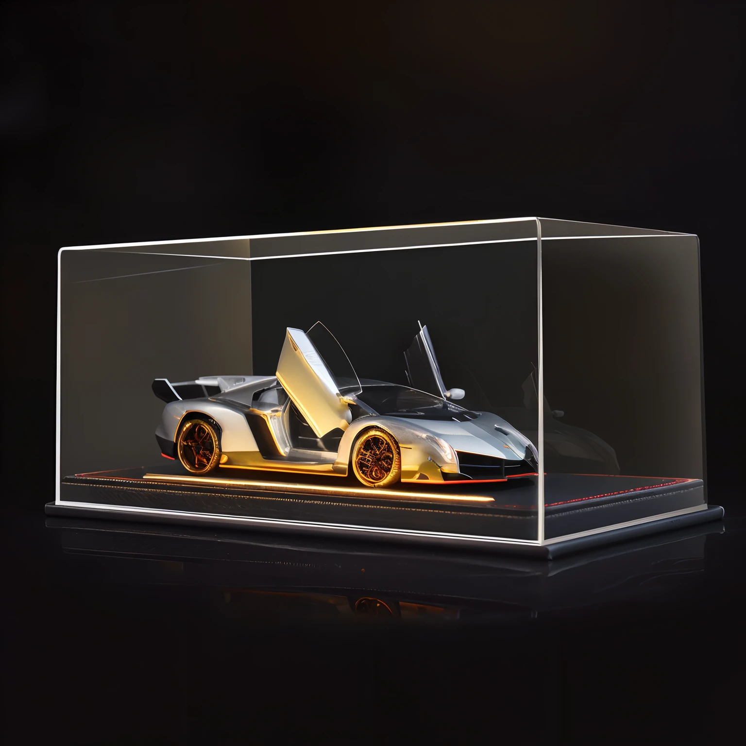 In the clear case there is a model of a car, The epitome of a sports car, holographic case display, veneno, sports car in the room, Display case, scale model photography, gurney with ambient lighting, tiny model, luxury hd render, mini model, Lamborghini, Product photo, ultra realistic”, hyperrealistic”, futuristic product car shot, miniature product photo