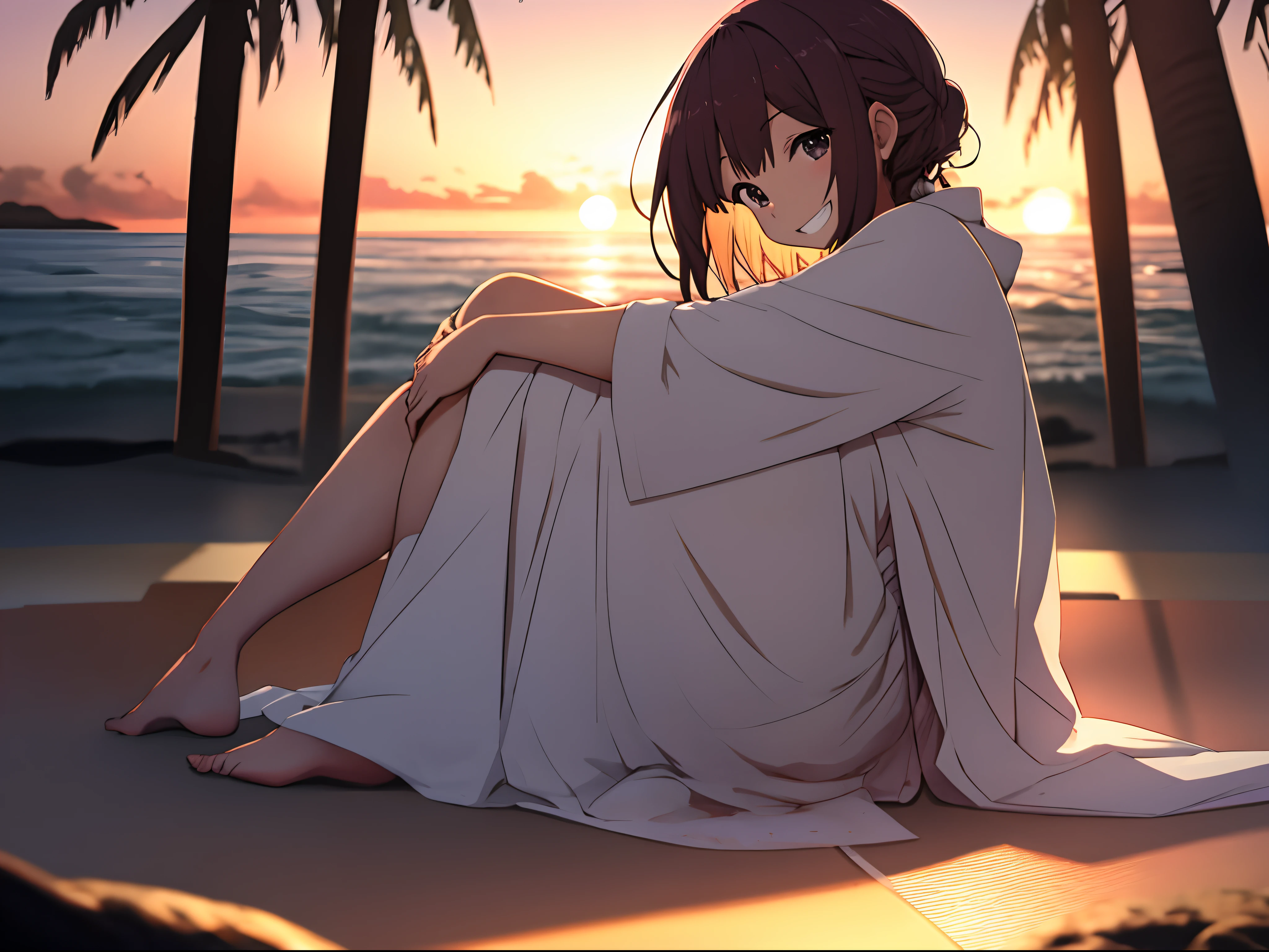 A faraway shot is taken of an anime girl who is sitting on the beach looking at the camera while enjoying sunset with a wide grin on her face. She is wearing a white full length gown. Both her legs are propped up on which she keeps her hand to support the leaning of her head. Bokeh effect. Depth of field. Anatomically correct. SFW. Camera is far away.