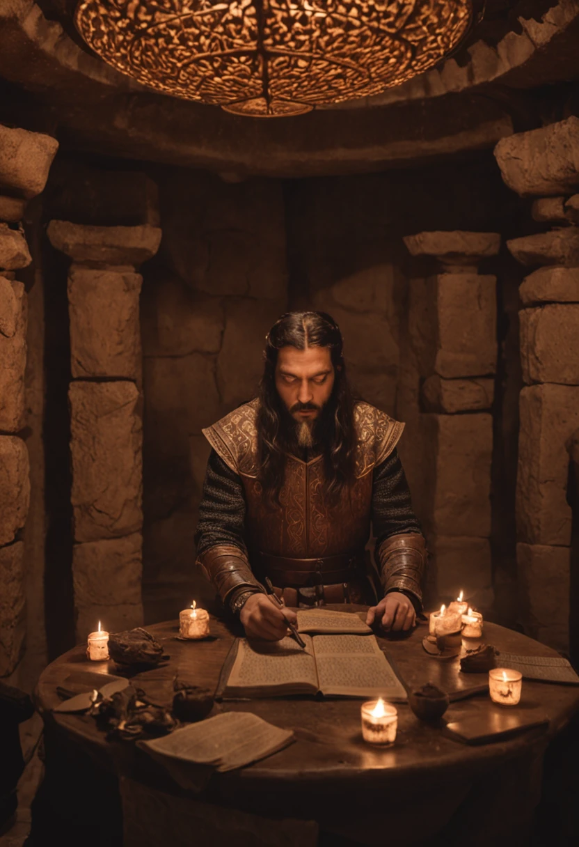 Create an image that captures the essence of a hidden chamber where language wizards, shrouded in secrecy, passionately weave enchanting tongues for the Dothraki and Valyrian cultures. The atmosphere is mystical, with dim candlelight illuminating ancient tomes filled with meticulously crafted grammar and vocabulary. The air resonates with the primal rhythm of the Dothraki language, echoing the fierce spirit of horse lords. At the same time, the image exudes an aura of ancient allure, as if the Valyrian tongue is imbued with the magic of dragons and spells. The creators' hands are depicted tuning the pronunciation, letting melodious sounds flow from their fingertips like a symphony. Vowels and consonants dance in harmony, evoking a captivating linguistic melody. As the scene unfolds, the languages themselves seem to come to life, becoming characters that draw fans deeper into the world of Game of Thrones. Viewers are spellbound as they delve into Dothraki idioms and Valyrian incantations, forging a connection beyond the screen. This image is a tribute to the unseen hands that conjured linguistic marvels, a tapestry woven with mystery, passion, and the magic of languages in the epic saga of Game of Thrones