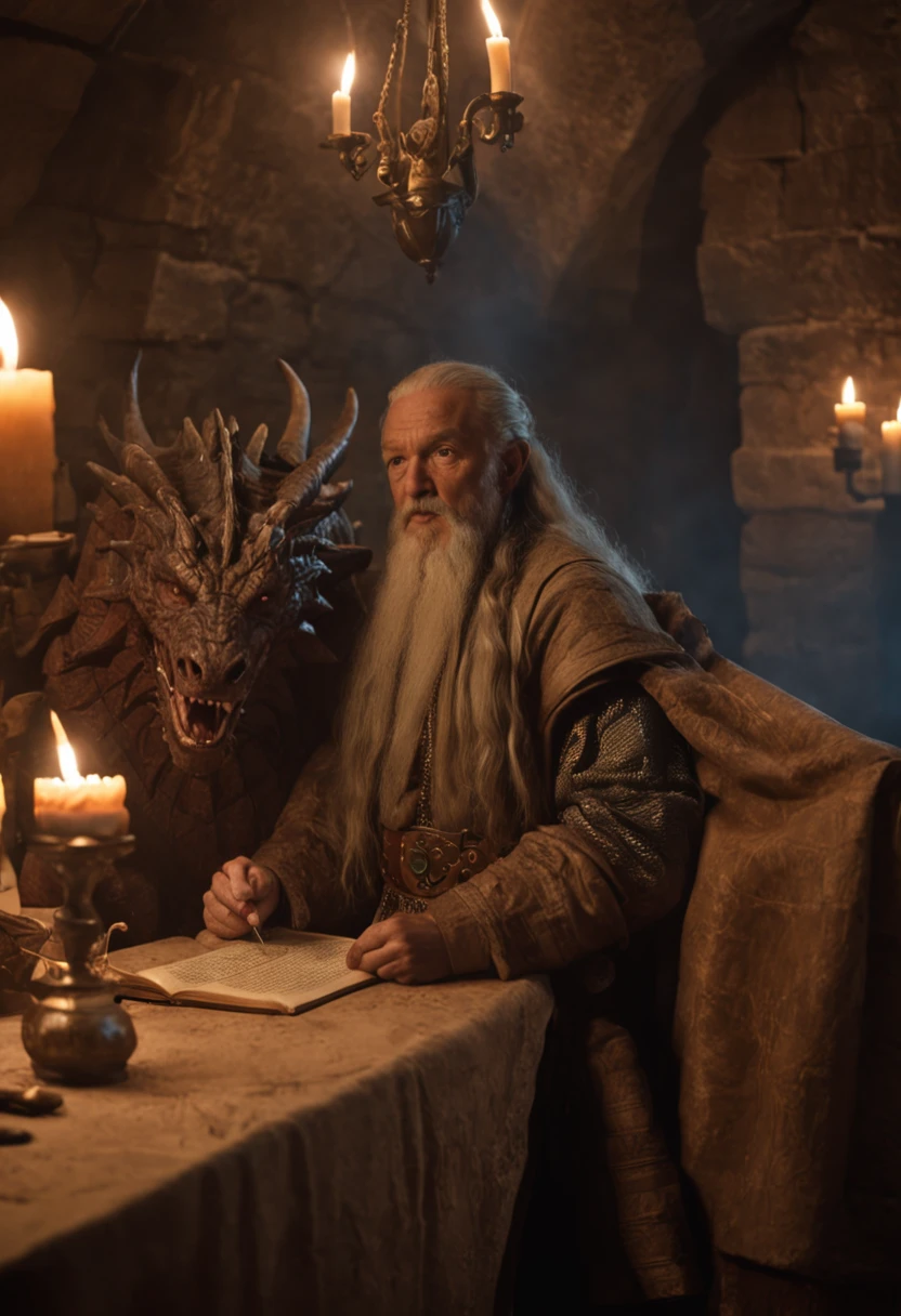 Create an image that captures the essence of a hidden chamber where language wizards, shrouded in secrecy, passionately weave enchanting tongues for the Dothraki and Valyrian cultures. The atmosphere is mystical, with dim candlelight illuminating ancient tomes filled with meticulously crafted grammar and vocabulary. The air resonates with the primal rhythm of the Dothraki language, echoing the fierce spirit of horse lords. At the same time, the image exudes an aura of ancient allure, as if the Valyrian tongue is imbued with the magic of dragons and spells. The creators' hands are depicted tuning the pronunciation, letting melodious sounds flow from their fingertips like a symphony. Vowels and consonants dance in harmony, evoking a captivating linguistic melody. As the scene unfolds, the languages themselves seem to come to life, becoming characters that draw fans deeper into the world of Game of Thrones. Viewers are spellbound as they delve into Dothraki idioms and Valyrian incantations, forging a connection beyond the screen. This image is a tribute to the unseen hands that conjured linguistic marvels, a tapestry woven with mystery, passion, and the magic of languages in the epic saga of Game of Thrones