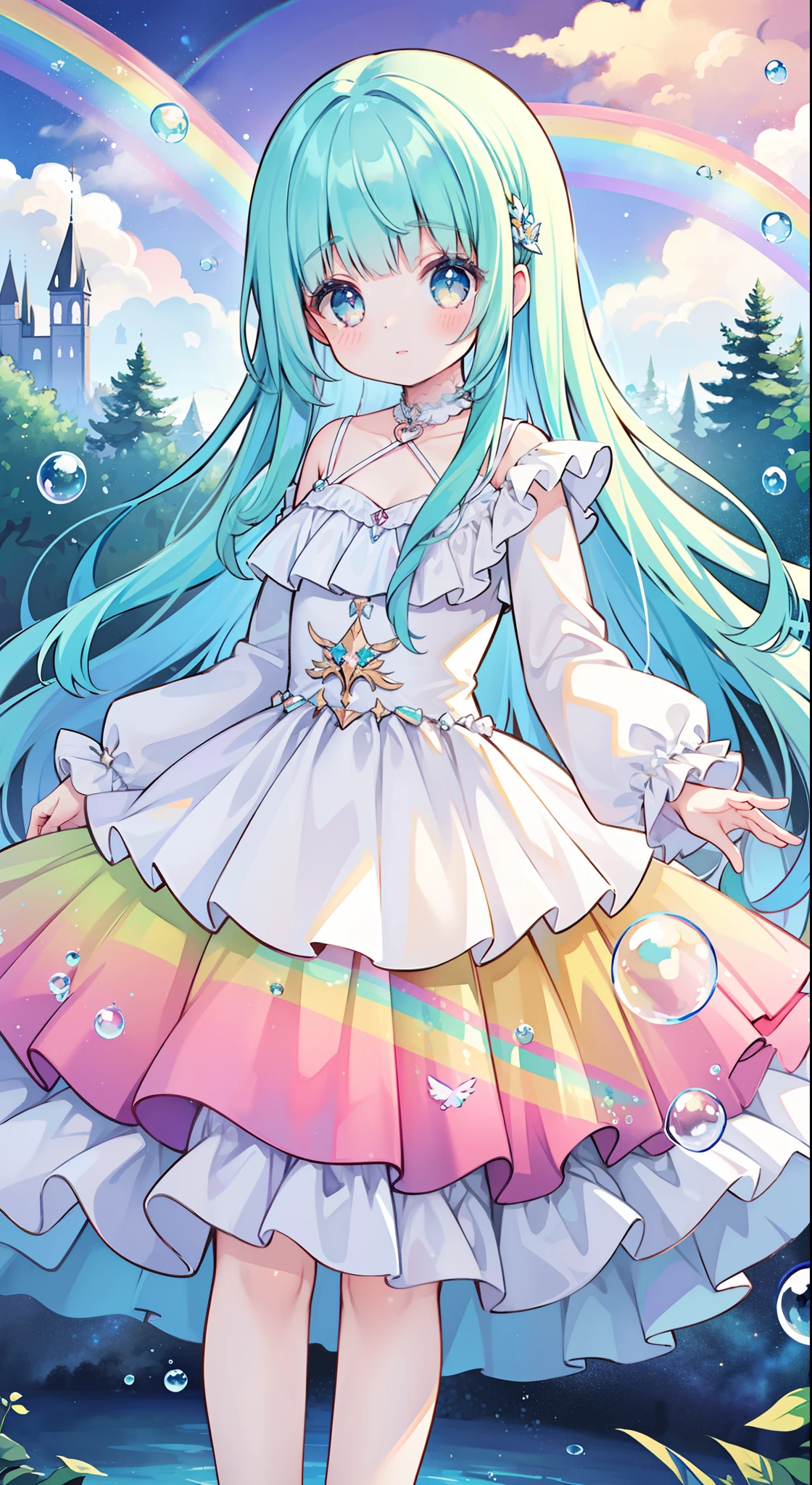 masterpiece, best quality, intricate details, beautiful girl, sparkling eyes, otherworldly liquid fantasia background, watercolor, bright vibrant colors, whimsical, colorful, layered tiered puffy long sleeve ballgown, ((iridescent rainbow bubbles))