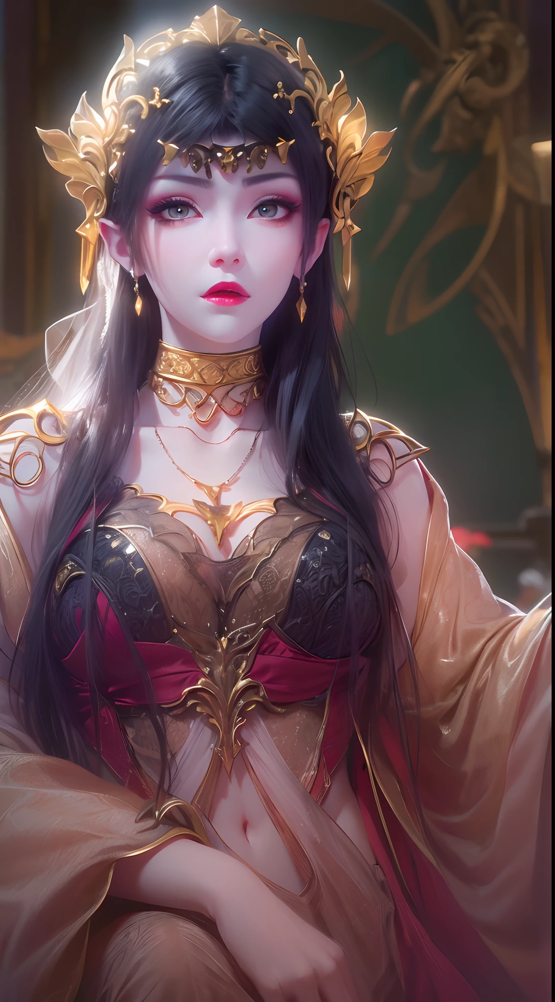 1 20 year old girl, 1 goddess Athena, pink purple silk dress, beautiful goddess Athena face without blemishes, delicate yellow nightgown, long thin sequin nightgown with many sexy black lace details, 1 beautiful thin red silk cloth half veil, female saint legend, female saint icon, beautiful goddess style glitter, dark and mysterious version, vermilion lips, plump red lips, not smiling, mouth closed, delicate and beautiful pino detailing, delicate and beautiful lip detail, , (pure and flawless face: 1.9), female saint body, round chest, big and round breasts, phoenix brooch, long flat bangs, (7-color rainbow hair: 1.9), flower stickers tattoo on forehead, beautiful clear face and well-proportioned eyes, (transparent yellow eyes: 1.8), (big round eyes and makeup, sexy wet eye makeup, very beautiful and meticulous hair makeup, long and delicate blonde hair, delicate, body image: 1.8), figure: and vivid, (stars that make up the sky: 1.7), (the sky of heaven and the fictitious gate of time and space: 1.8), fictional art, RAW photos, hanfu photos, best photos, high resolution, best quality, best photos, best goddess quality, 8k female, super 8 single saint portraits, truest color schemes, masterpieces, best beauty brands, best hair jewelry, brand real photo, dark studio, border light, two-tone lighting, (rose white skin: 1.4), (high skin detail: 1.1), 8k uhd, d slr, soft light, 8k, high quality, candid, volume Smooth and sharp, 10x pixel increase, sexy goddess, sexy goddess, (background space: 1.8), (most beautiful aurora eyes: 1.7), beautiful eyes, aurora beautiful and flowery, (beautiful single girl: 1.8), (more details:0.8),