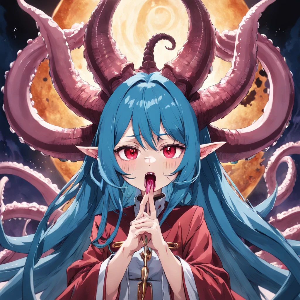 cephalopod, vivid pink tentacles, red and gold crown, long blue dripping tounge, demon horns, king of demons and earthly spirits, masterpiece, Best Quality