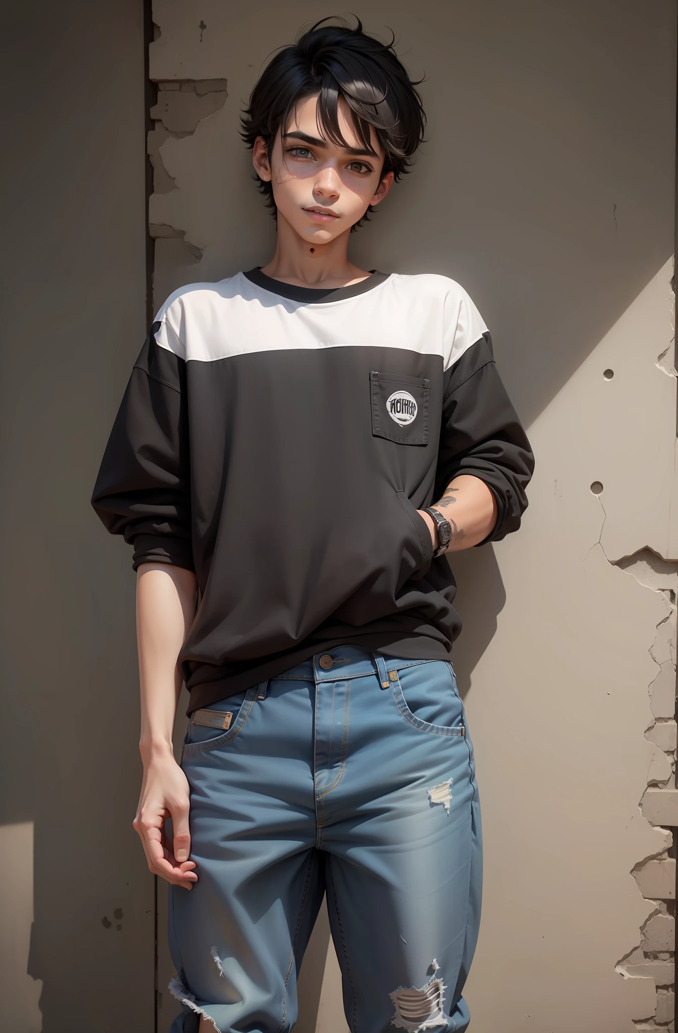 garoto homem adolescente, anos de idade, loiro, olhos castanhos, cabelo desgrenhado, cabelo grande, roupas largas, sorriso no rosto, arte realista, realista, camisa preta, Denim Jeans Pants, corpo inteiro, ultra detalhado, anatomia detalhada, tenis all star preto, moletom preto, pale skinned, pele branca, cabelo longo, roupa larga, detailed left hand, moletom inteiramente preto, sem parte branca na roupa, sem partes azuis na roupa, roupa toda preta