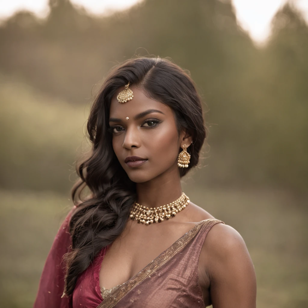 a fashion photograph of a women, dark skin tone indian