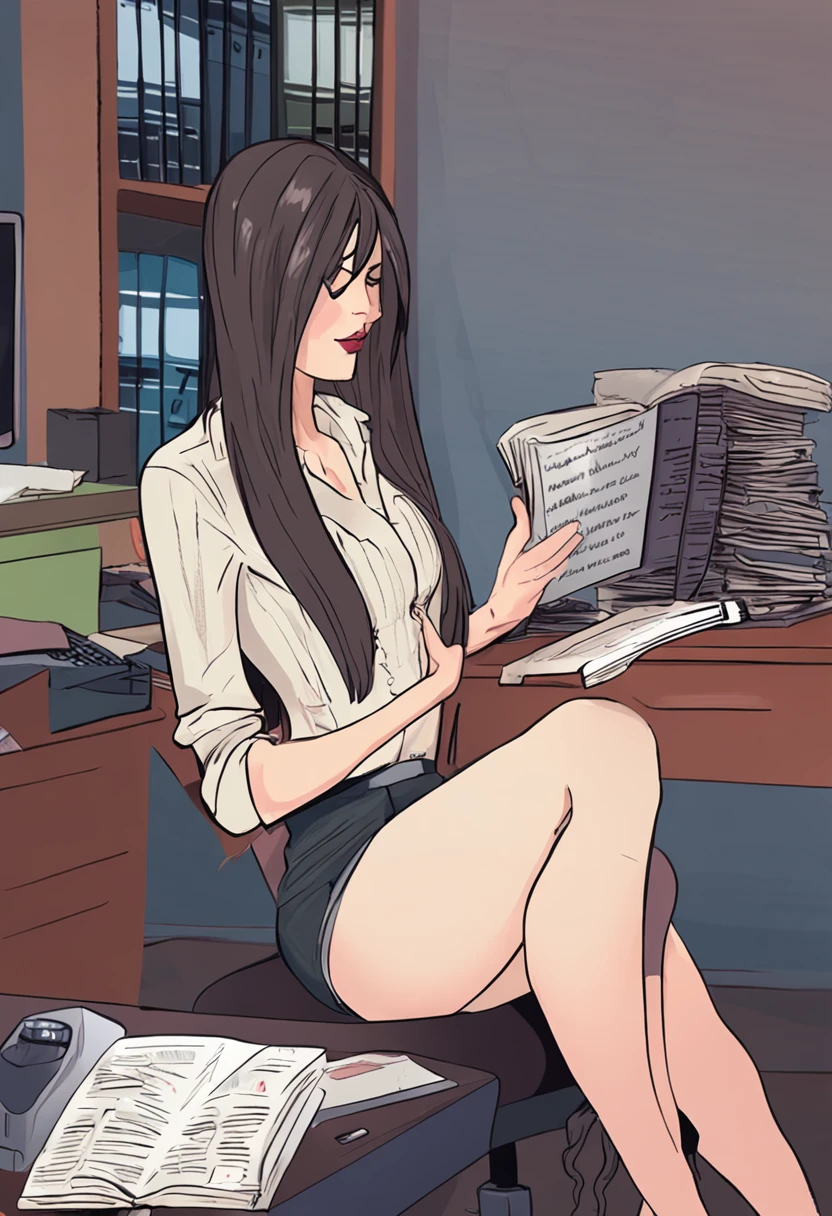 long hair, young, white, panties, thighhighs, chair, fishnet legwear, desk, holding book, reading, computer, milf, mid forties, futanari, from below
