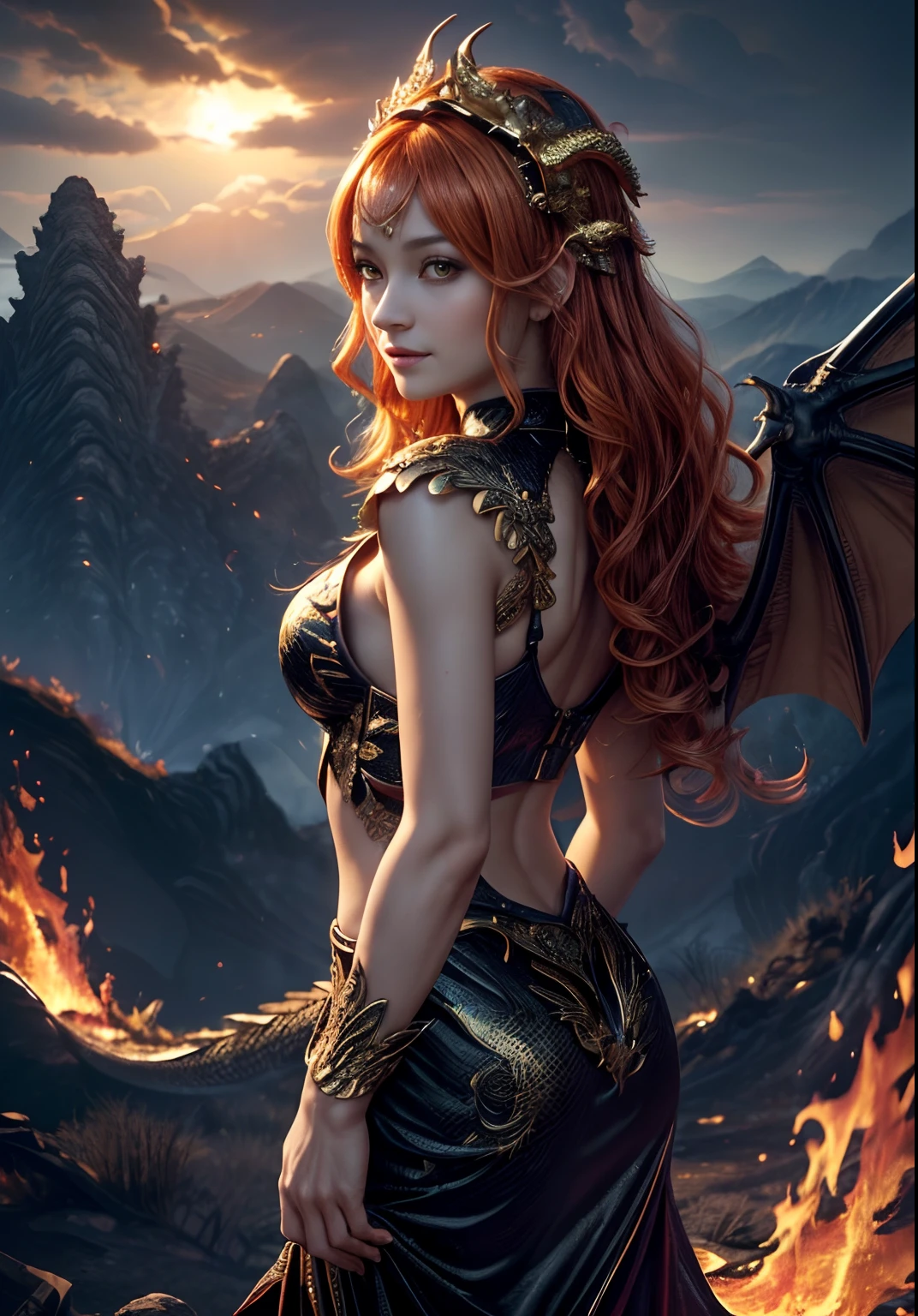 Girl with dragon wings, looks at the viewer, Behind the back are large wings, Large beautiful wings, ((realisti, photo-realistic: 1.3), Smiling, Rejoices, Extremely refined and beautiful, astounding, finely detail, an intricate, (((dragon, Surrounded by flames, Black Mountains, the trees, magma, the wind, Long wavy body, hiquality, higly detailed, Epic))), particle fx, Dynamic Effects, Surround sound, Clouds, Sundown, sharp-focus, volumetric fog, 8K Ultra HD,  dslr, hiquality, (film grains: 1.4), Fujifilm XT3,official arts, 统一 8k 壁纸, Super detailed, Beautiful and beautiful, beste-Qualit, (s fractal art: 1.4), intrikate, ultra detialed, (skin dentation), woman's, Detailed body, (Detailed Face: 1.1) Meditative Buddha-figure, Absurd long hair, pale golden eyes, looking at the audience, Subtle patterns, gems, a gold, diamonds, thin feathers,,,,,surround light, holiness, back light, On the contrary, Girl with horn ornament on her head, Girl with orange hair