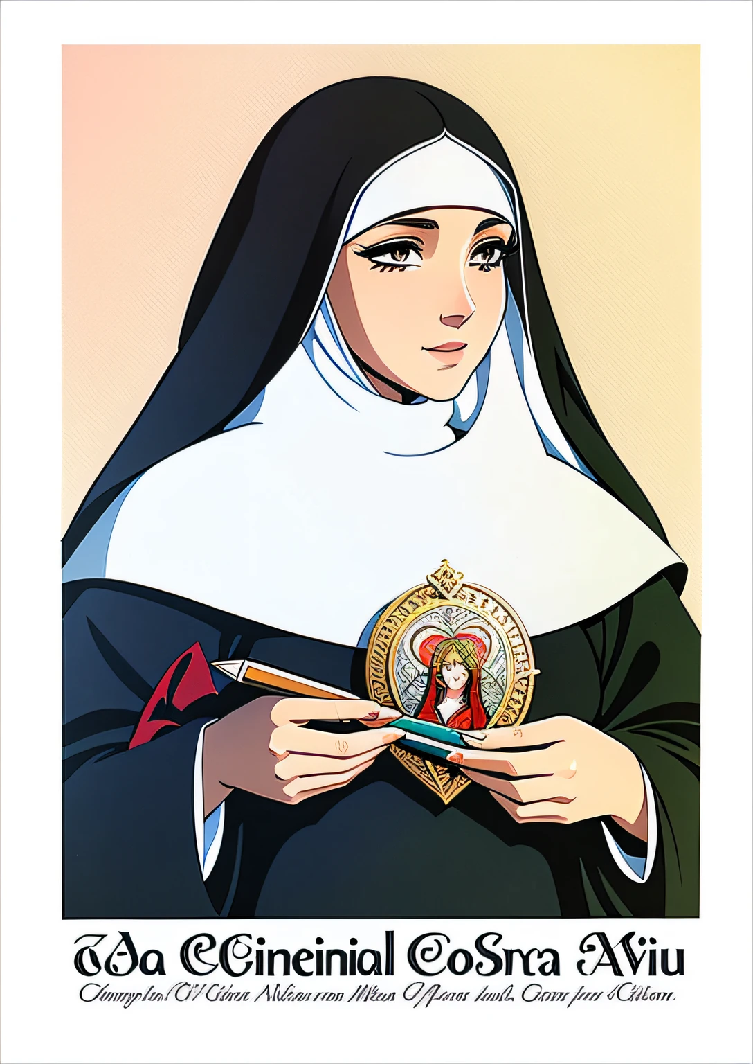 agora, estilo dos desenhos animados dos anos 70, estilo dos desenhos animados antigos, arte dos desenhos animados pop, estilo de arte dos desenhos animados, olhos castanhos, Holding Sacred Heart, boca natural