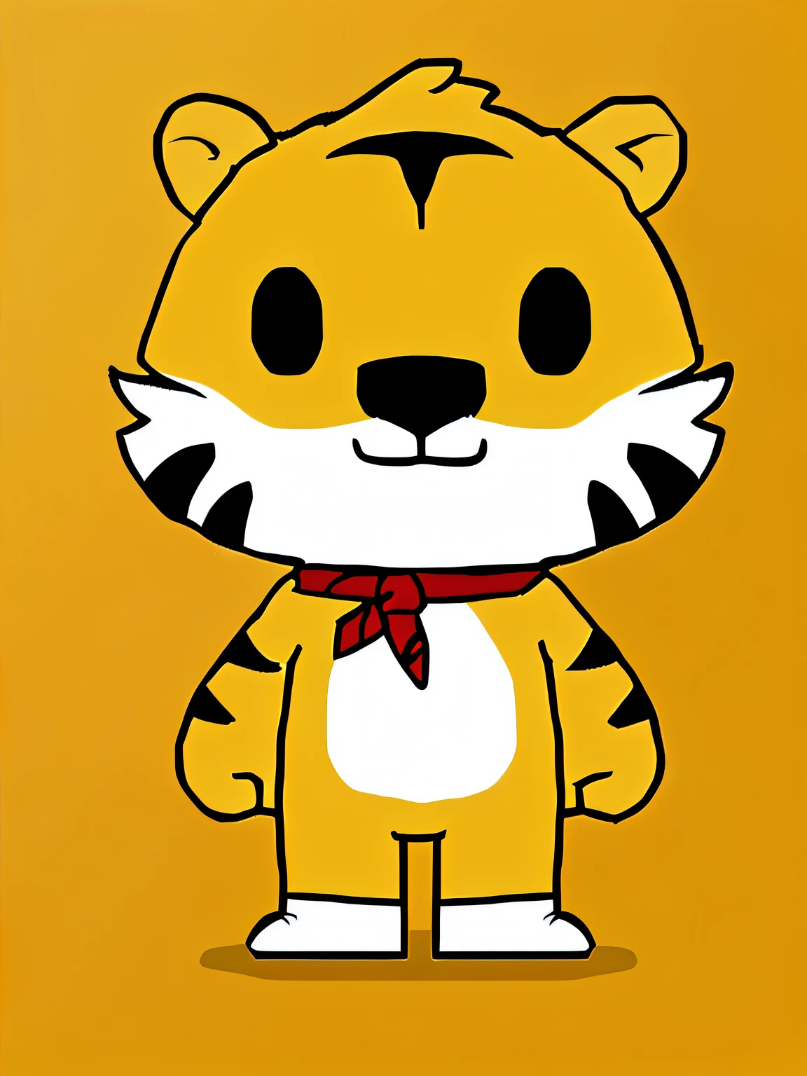 Cartoon tiger, tony the tiger, Anthropomorphic tiger, The tiger is smiling, tigerman, Tiger, one tiger, ((Tiger)), Raise a hand, Cartoon illustration, half tiger, Garfield, cartoonish and simplistic, cereal mascot, inspired by Taiyō Matsumoto, inspired by Zhu Da ,A red bow around his neck,There is a text on the top of the head