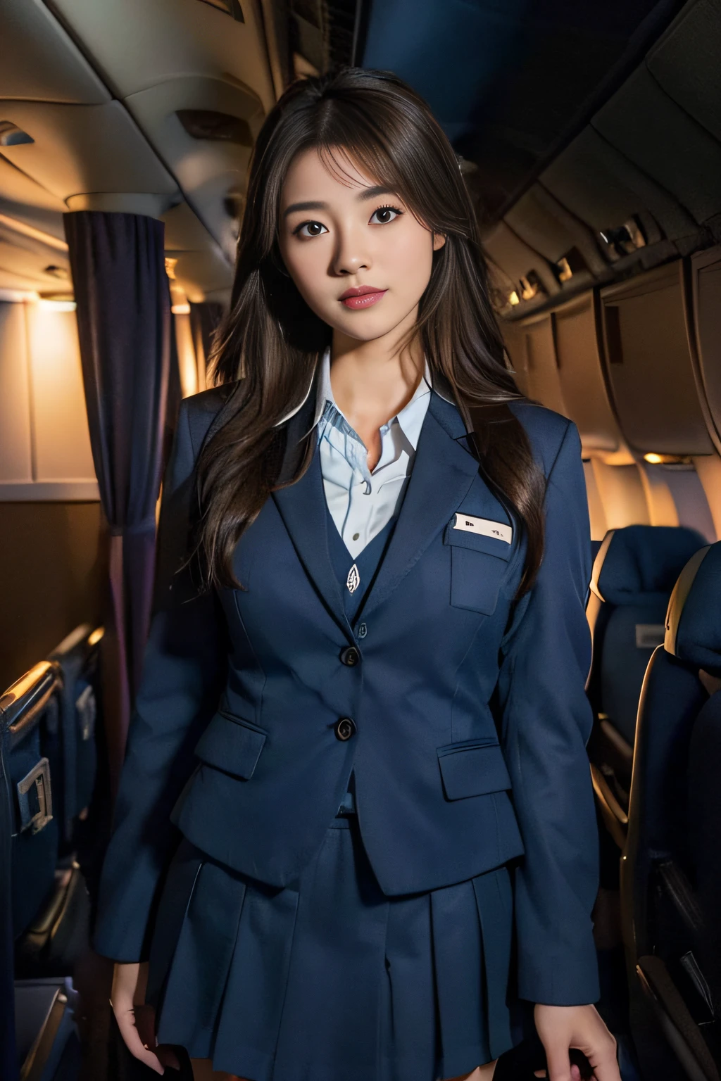 ((beatiful japanse girl:1.3)) ((flight attendant:1.4)) ((in the airplane:1.3))   ((thin_fabric:1.4))  (( breasts)) ((close-up:1.2)) best quality,masterpiece,ultra high res,(photorealistic:1.4),raw photo,(Authentic skin texture:1.3),(film grain:1.3),panorama,character portrait,very wide shot,narrow waist,cowboy shot,(in the dark, deep shadow, low key, cold light,) night,(()),streaming tears,,dust,Tyndall effect,(expression),1girl,beautiful detailed eyes and face,white jabot,brown eyes,((brown hair:1.2)) ((full body:1.3))  ((long hair:1.2)) ((smile:1.3)) ((standing:1.3)) ((dark blue skirt suit:1.3)) ((dark blue suit jacket:1.3)) ((white shirt))