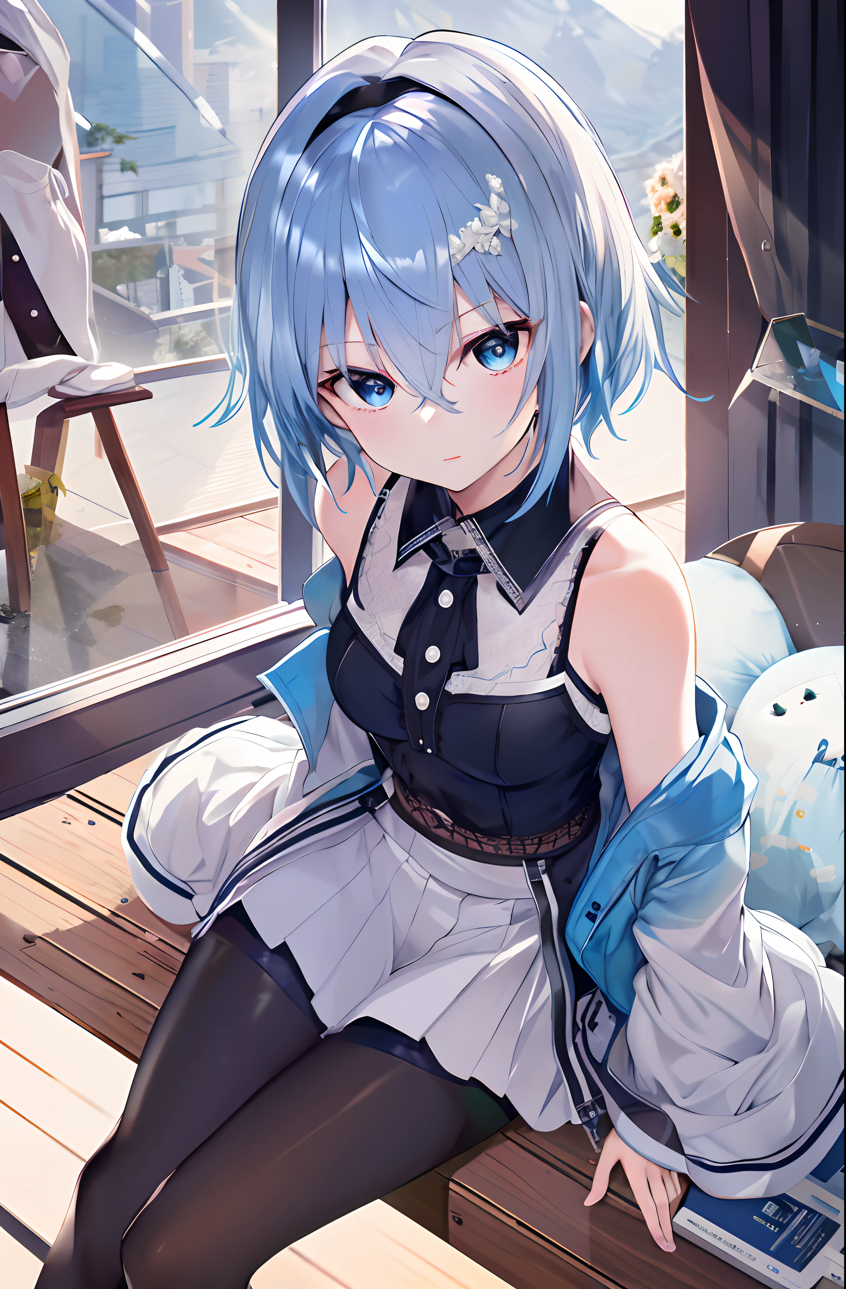tmasterpiece，best qualityer，A high resolution，[whaite hair：blue  hair：0.3]，short detailed hair，black hair band，eBlue eyes，mediuml breasts， collared shir， hair between eye， （cropped shoulders：1.3）， （partly_Unbuttoned：1.2）， white  shirt