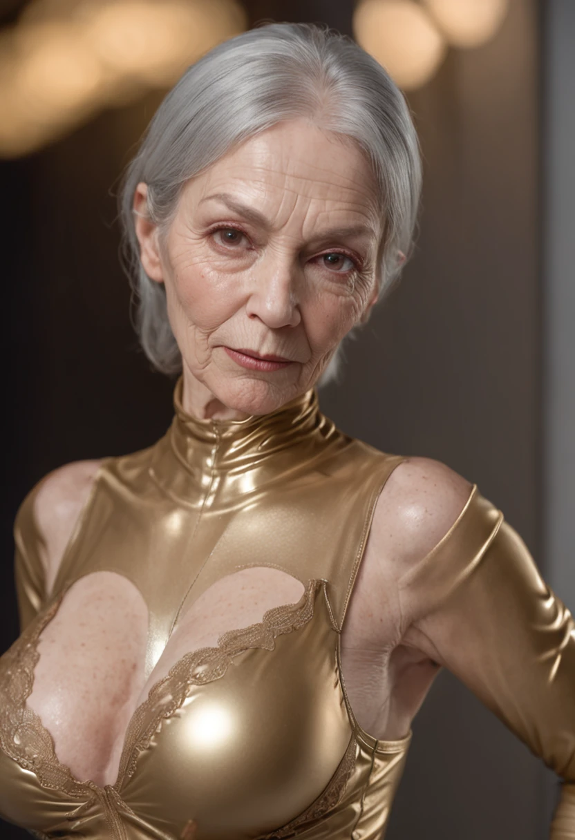 (NSFW:1.5) (65 years old:1.5) (Nipple Exposed:1.5) Wrinkles on the face))), (((masutepiece))), Solo, Super Fine Photo, full body picture Unreal Engine 5 8K UHD, Beautiful woman, curvaceous woman, Details of face, Wearing a gold lace skin tight latex catsuit, latex collar, Latex Gloves, Latex long socks with strap, arm and leg cuffs, Unified 8K Wallpaper, Hyper Detailed, Sharp Focus, Walking through the city of the future.