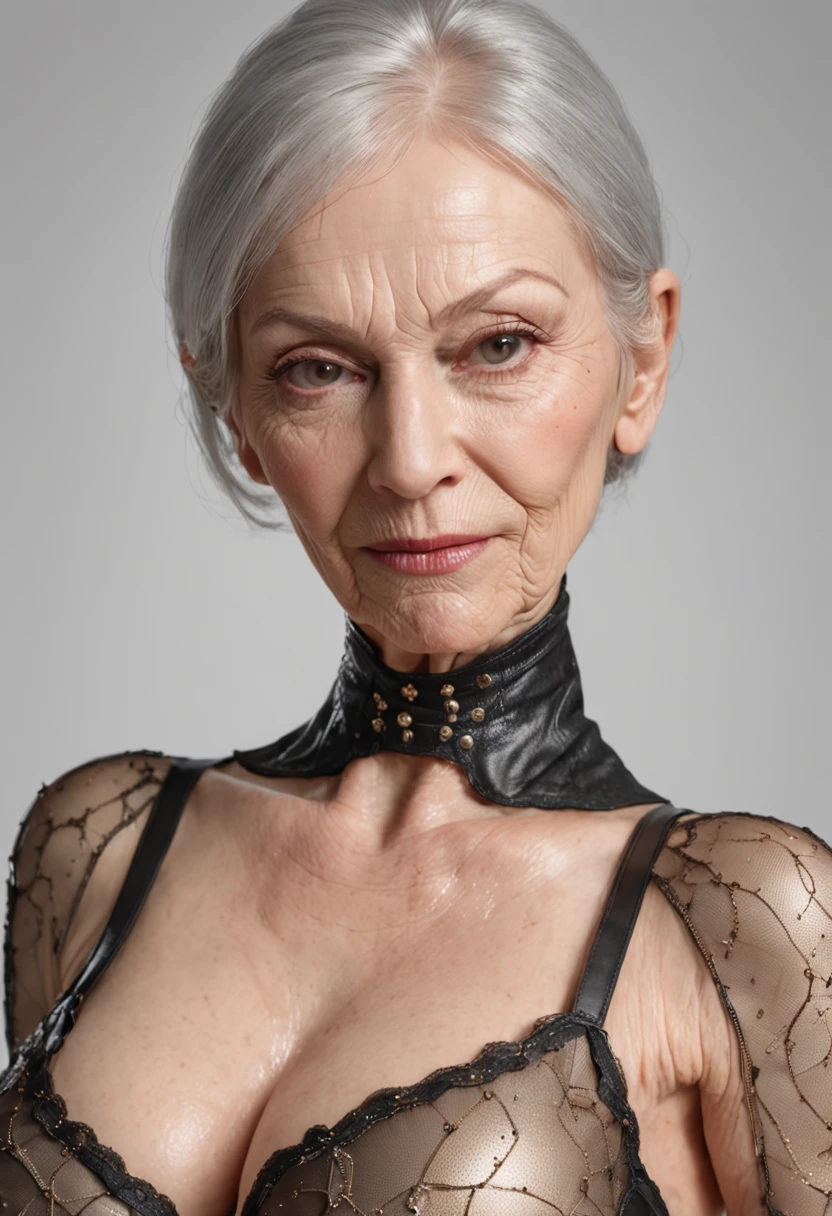 (NSFW:1.5) (65 years old:1.5) (Nipple Exposed:1.5) Wrinkles on the face))), (((masutepiece))), Solo, Super Fine Photo, full body picture Unreal Engine 5 8K UHD, Beautiful woman, curvaceous woman, Details of face, Wearing a gold lace skin tight latex catsuit, latex collar, Latex Gloves, Latex long socks with strap, arm and leg cuffs, Unified 8K Wallpaper, Hyper Detailed, Sharp Focus, Walking through the city of the future.