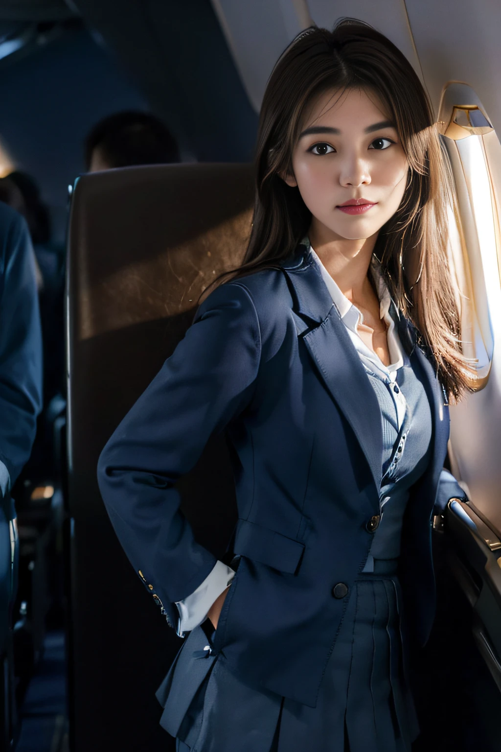 ((beatiful japanse girl:1.3)) ((flight attendant:1.4)) ((in the airplane:1.3))   ((thin_fabric:1.4))  (( breasts)) ((close-up:1.2)) best quality,masterpiece,ultra high res,(photorealistic:1.4),raw photo,(Authentic skin texture:1.3),(film grain:1.3),panorama,character portrait,very wide shot,narrow waist,cowboy shot,(in the dark, deep shadow, low key, cold light,) night,(()),streaming tears,,dust,Tyndall effect,(expression),1girl,beautiful detailed eyes and face,white jabot,brown eyes,((brown hair:1.2)) ((full body:1.3))  ((long hair:1.2)) ((smile:1.3)) ((standing:1.3)) ((dark blue skirt suit:1.3)) ((dark blue suit jacket:1.3)) ((white shirt))
