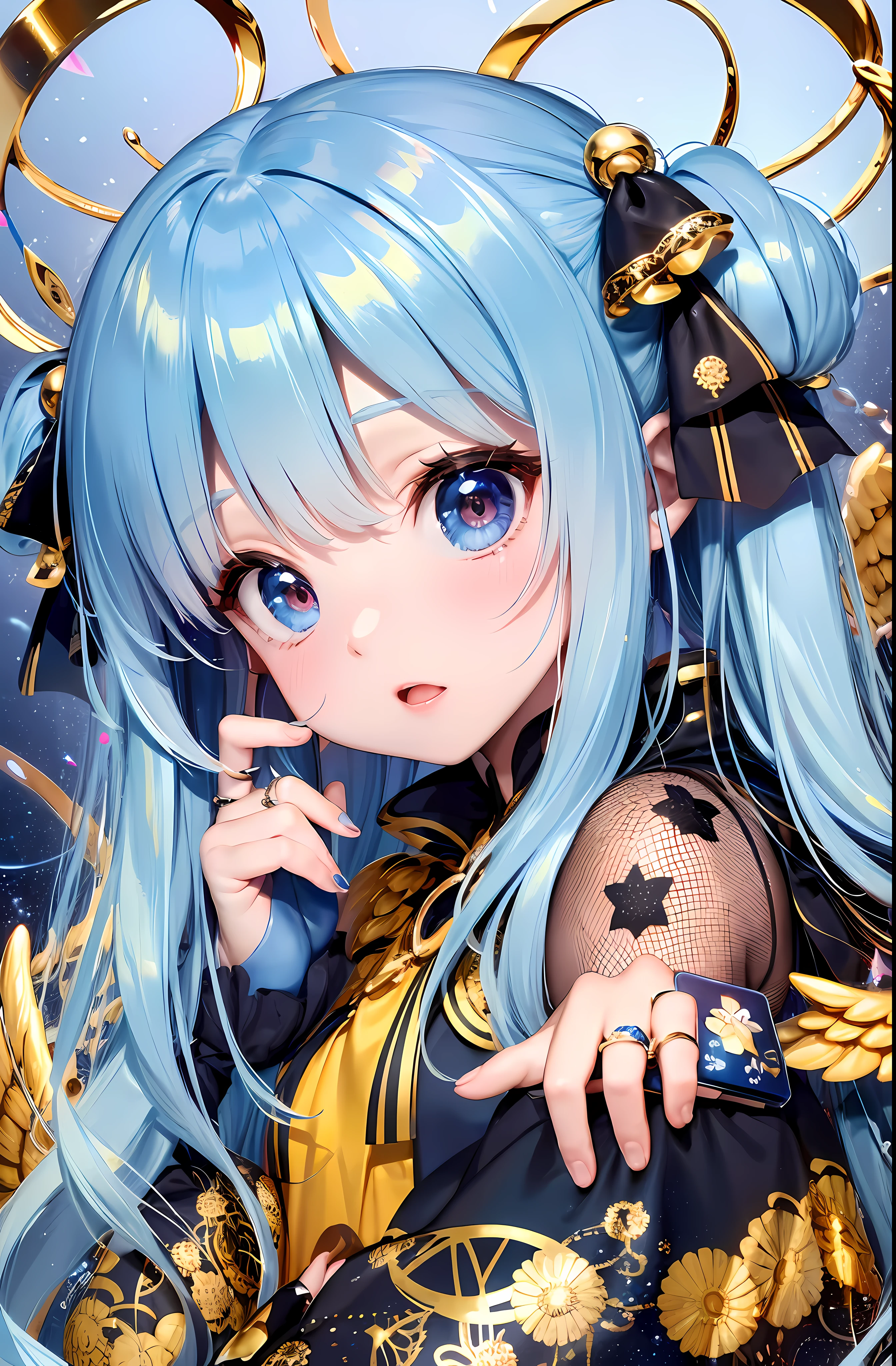 (Chibi:1.2)、(masterpiece:1.4)、(top-quality:1.4)、(Very cute angel girl、hyperdetailed face、Eyes Like Gems、Blue very long twin tails:1.4)、(ring of angels:
1.4)、(Angel wings:1.4)、optic、brilliance、Bokeh、Ultra-fine、(((blue hairs)))、golden decoration