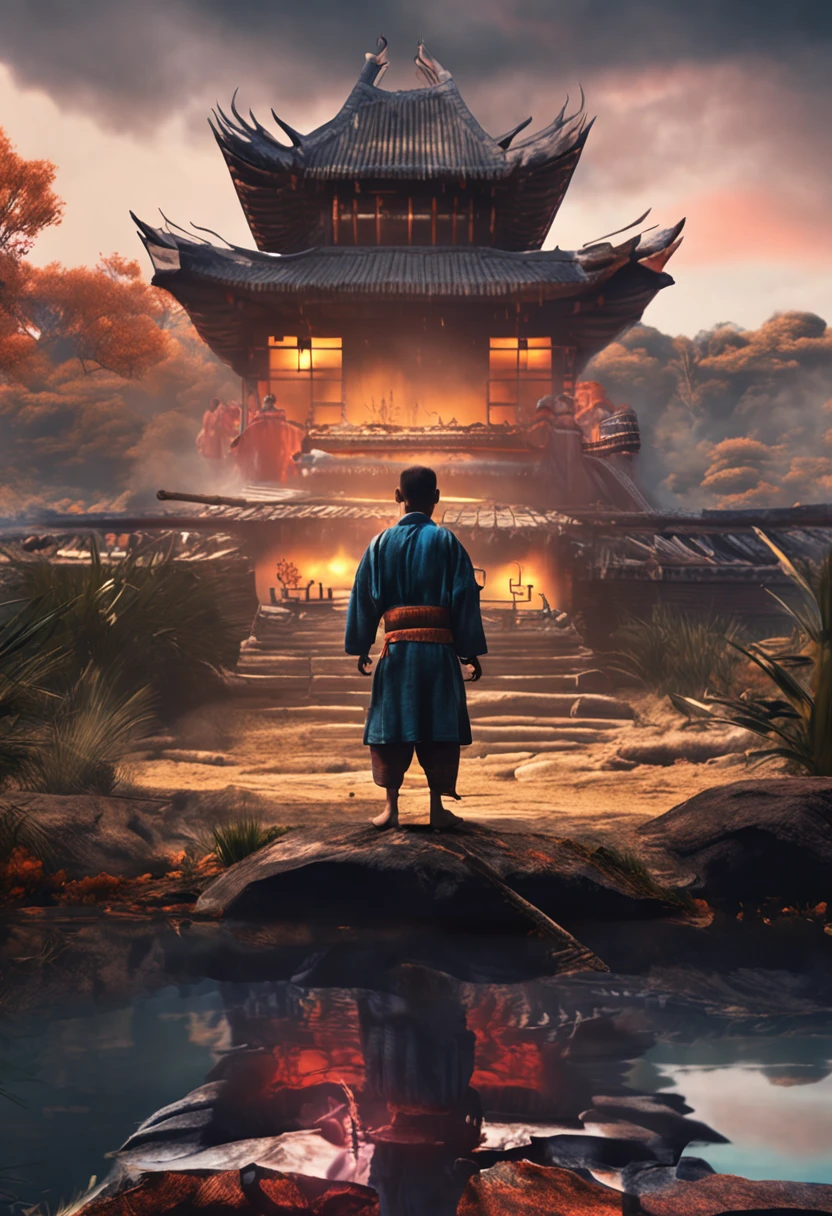 , samurai de 11 anos meditando ao ar livre, cabelo curto, Tatami scenery with fire sword (obra-prima) (8k high resolution) (melhor qualidade) (Ultra Definition) (Ultra realista)(Foto RAW) (Foto realista) (bright illumination) ( olhar de guerreiro) Screen-facing for everyone to see who he is