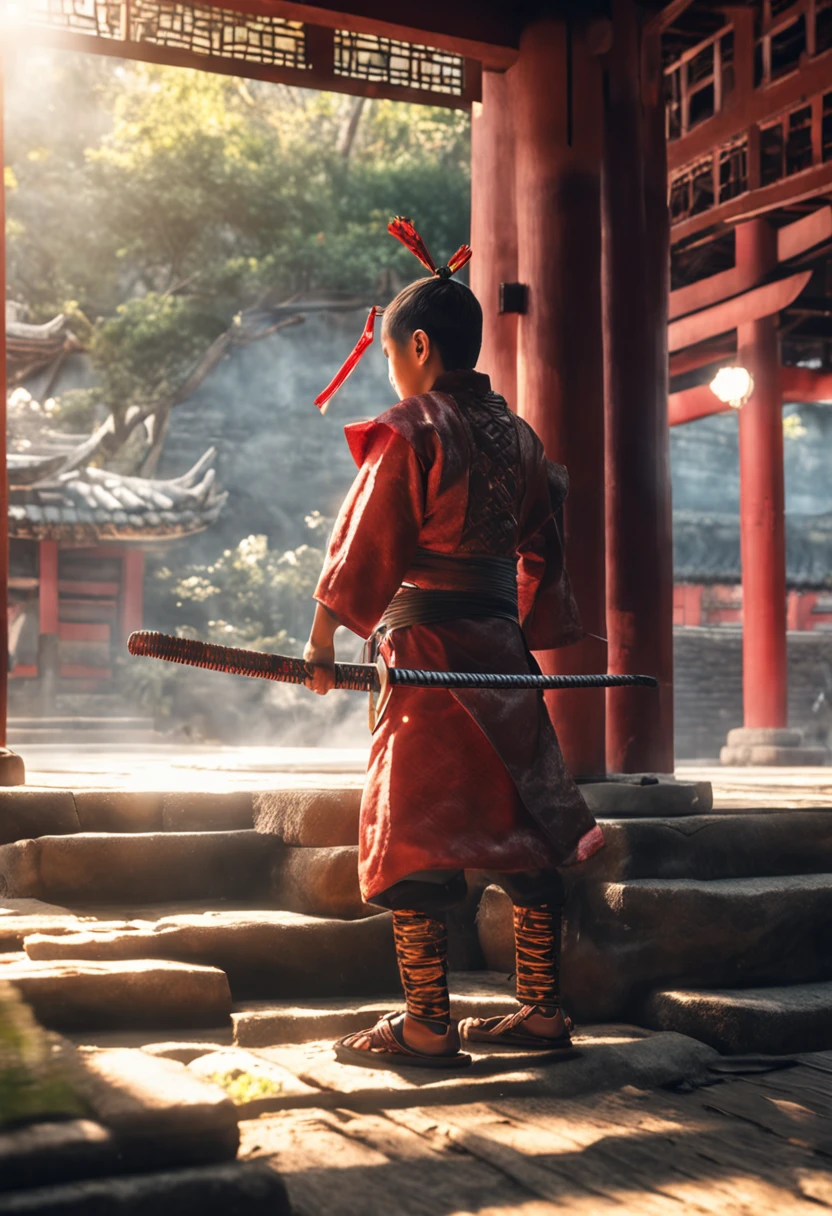 , samurai de 11 anos meditando ao ar livre, cabelo curto, Tatami scenery with fire sword (obra-prima) (8k high resolution) (melhor qualidade) (Ultra Definition) (Ultra realista)(Foto RAW) (Foto realista) (bright illumination) ( olhar de guerreiro) Screen-facing for everyone to see who he is
