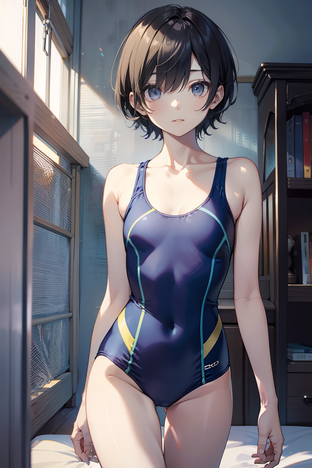 top-quality、Full limbs、complete fingers、Slender beauty、Bery short hair、knee high、Blue school swimsuit、Small eyes、Bedrooms