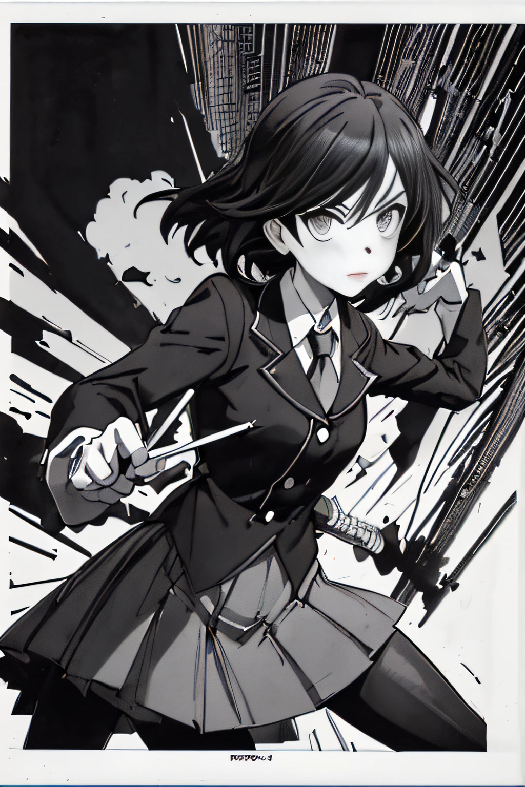 (Comic Noir Style),(linear art_Anime),(black-and-white_High contrast),(masutepiece, Best Quality, ),(Loravard Photos:1.2),(Lora Add Details:1.2),8K, Flat color:1.2,1girl in,hi-school girl、school  background、actionpose