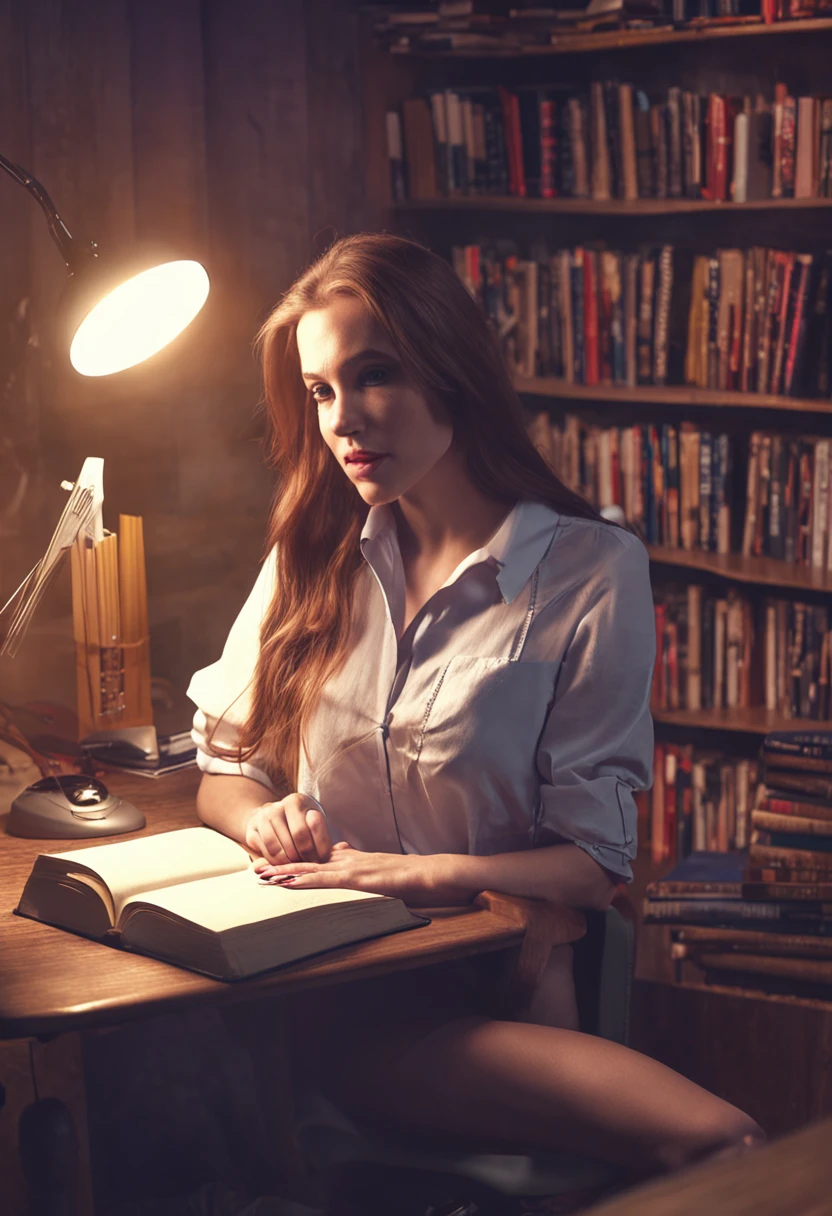 long hair, young, white, panties, thighhighs, thigh-highs, desk, holding book, reading, computer, milf, mid forties