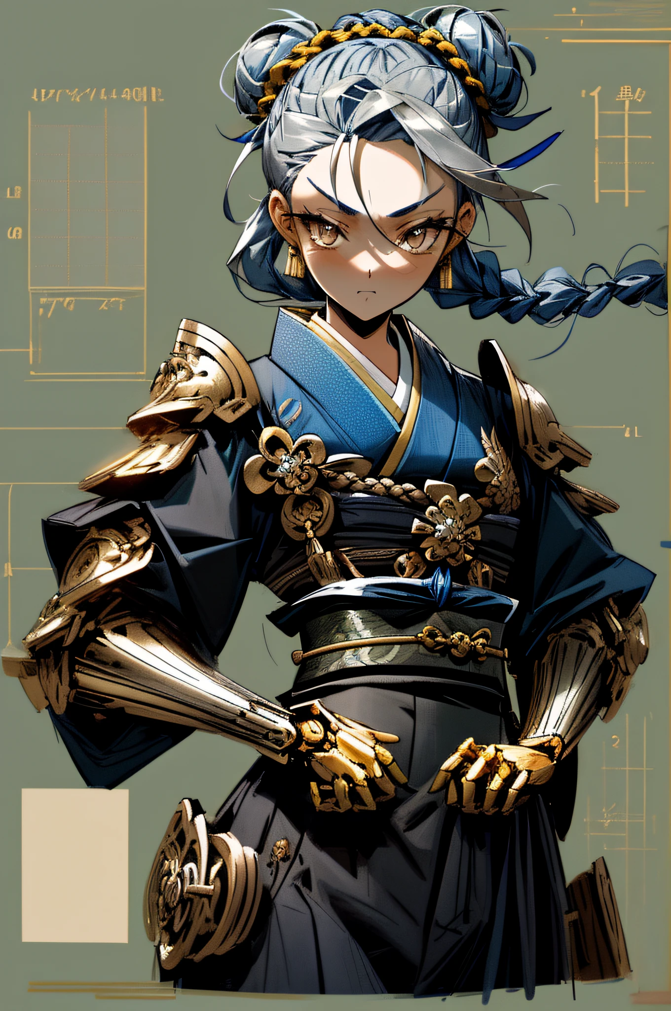 technical drawing, charts, infographic, masterpiece, best quality,face,1 girl, long black braided hair in bun, gold eyes, detailed eyes (1.4), blue kimono, silver battle chest piece, mechanical arm, expressive katana on hip