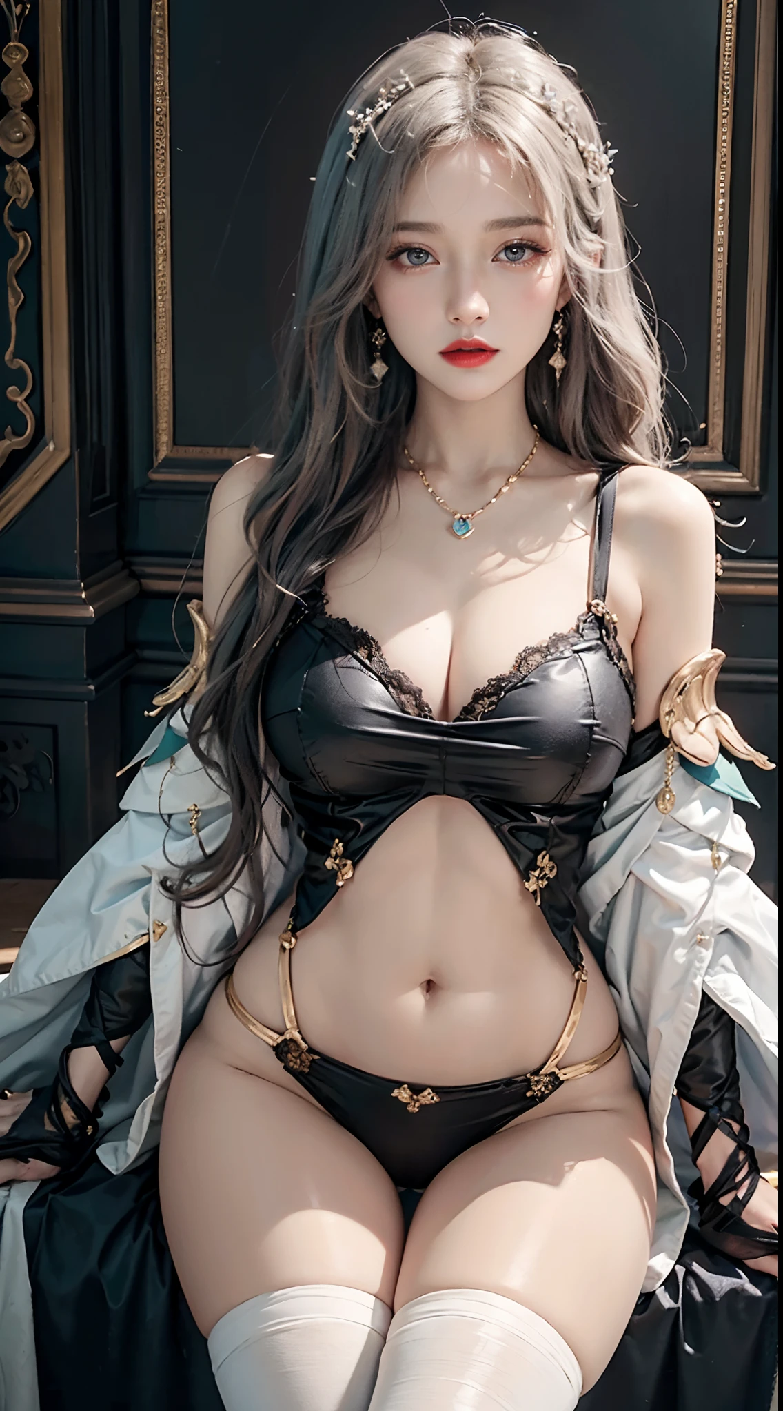 ultra realistic 8k cg, picture-perfect face, flawless, clean, masterpiece, professional artwork, famous artwork, cinematic lighting, cinematic bloom, perfect face,(young:1.2)(Voluptuous),((20 year old)), beautiful face, beautiful eyes,(:1.1), (((perfect female body, narrow waist))), young princess, royal, divine, goddess, godlike, (royal palace), fantasy, dreamlike, unreal, science fiction, (normal breasts:1.2), beautiful clothes, lace, lace trim, lace-trimmed legwear, nsfw,, absurdly long hair, very long hair, (rich:1.4), necklace, earrings, bracelet, armlet, looking at viewer,(thong:1), (Hand has max five fingers), (red lip), shenhe \(genshin impact\)