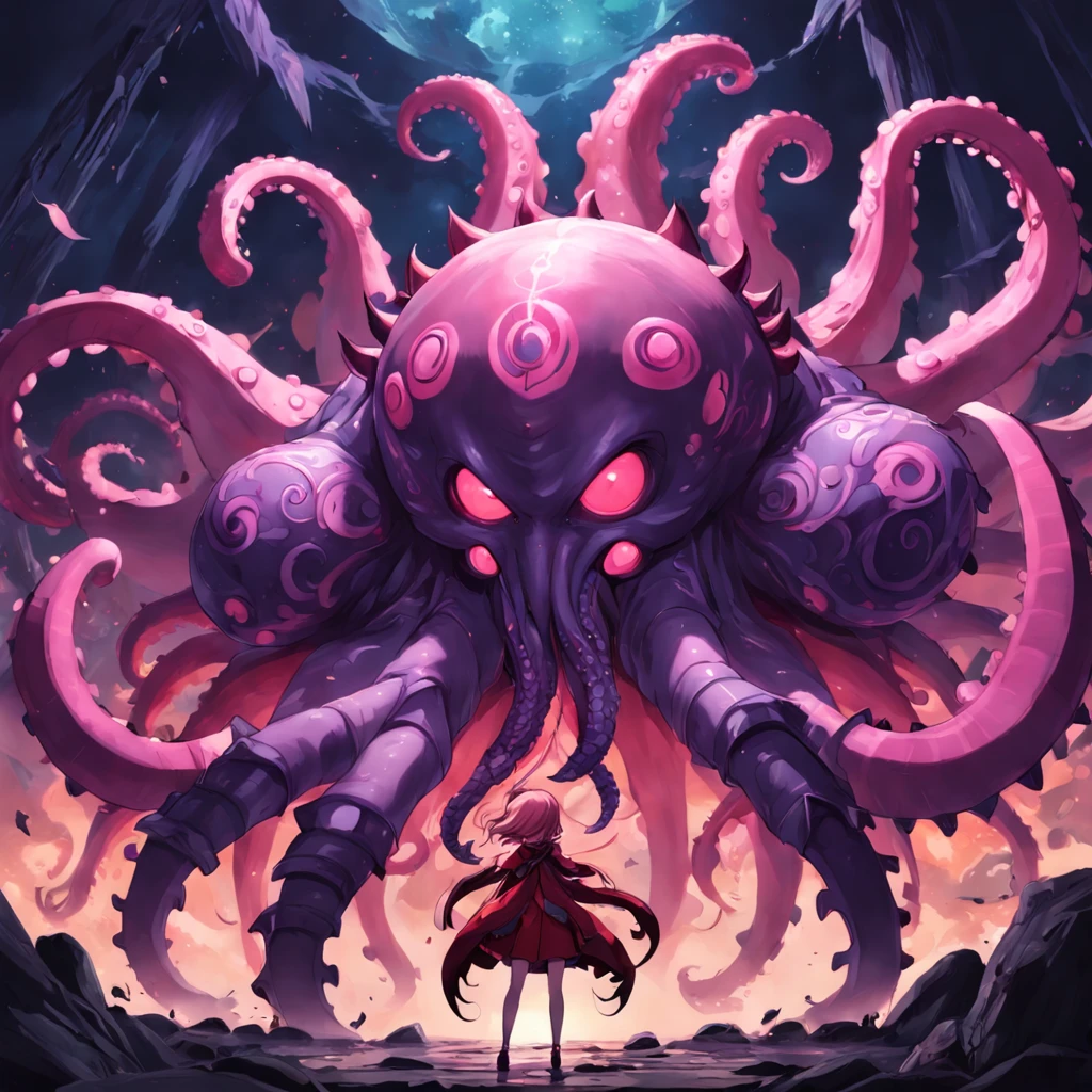 cephalopod, red tentacles, dark pink and purple puffy armor, king of demons and earthly spirits, masterpiece, Best Quality
