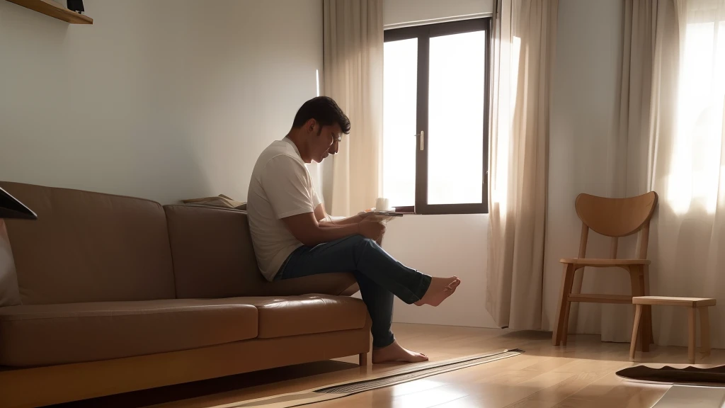 Uma garota de cabelo curto e ruivo, de costas, looking at his thrown and broken cutlery across the living room floor of his house