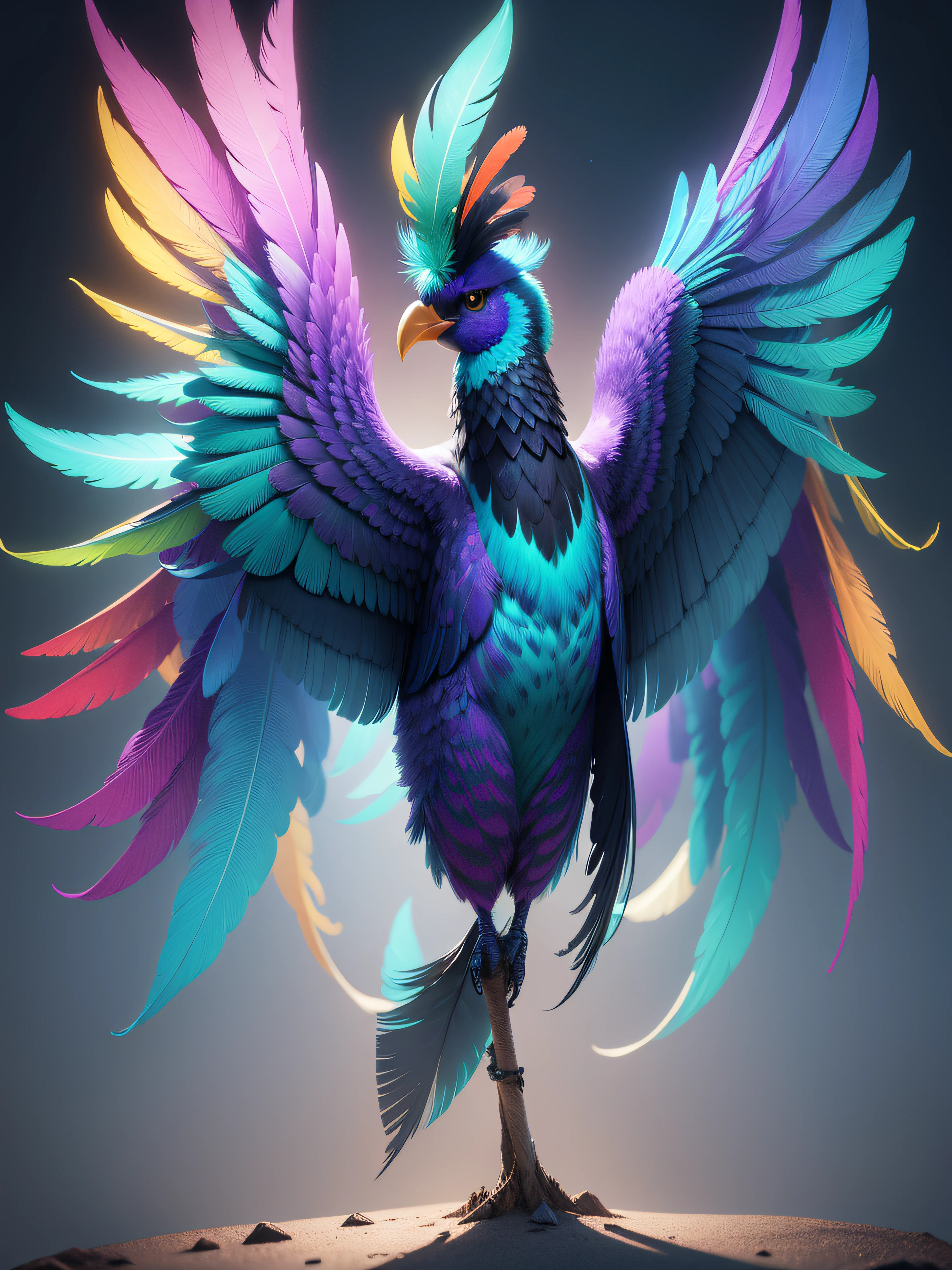 Mysterious bird (Alegre) quirky with magical feathers that glowed in vibrant colors.