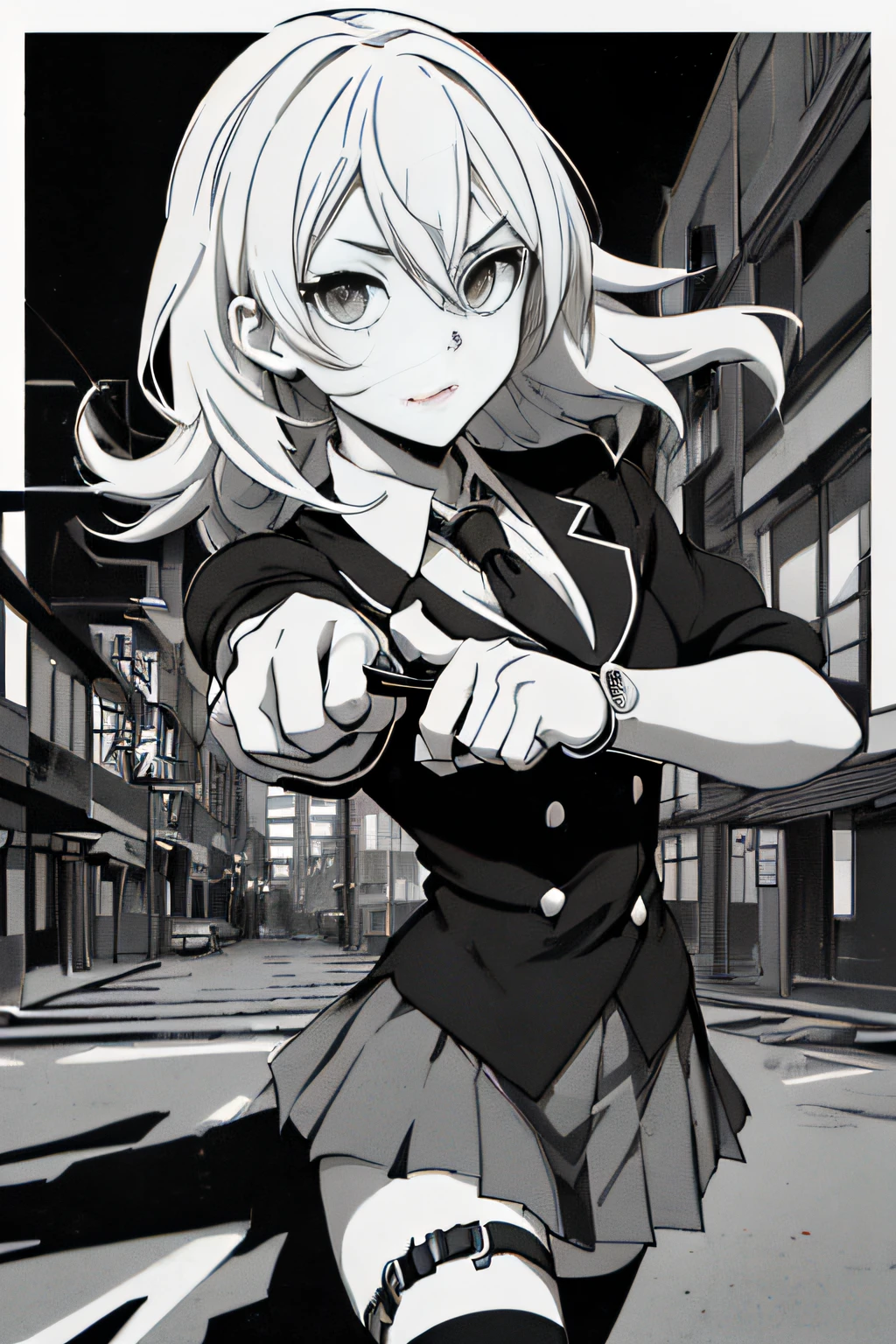 (Comic Noir Style),(linear art_Anime),(black-and-white_High contrast),(masutepiece, Best Quality, ),(Loravard Photos:1.2),(Lora Add Details:1.2),8K, Flat color:1.2,1girl in,hi-school girl、school background、actionpose