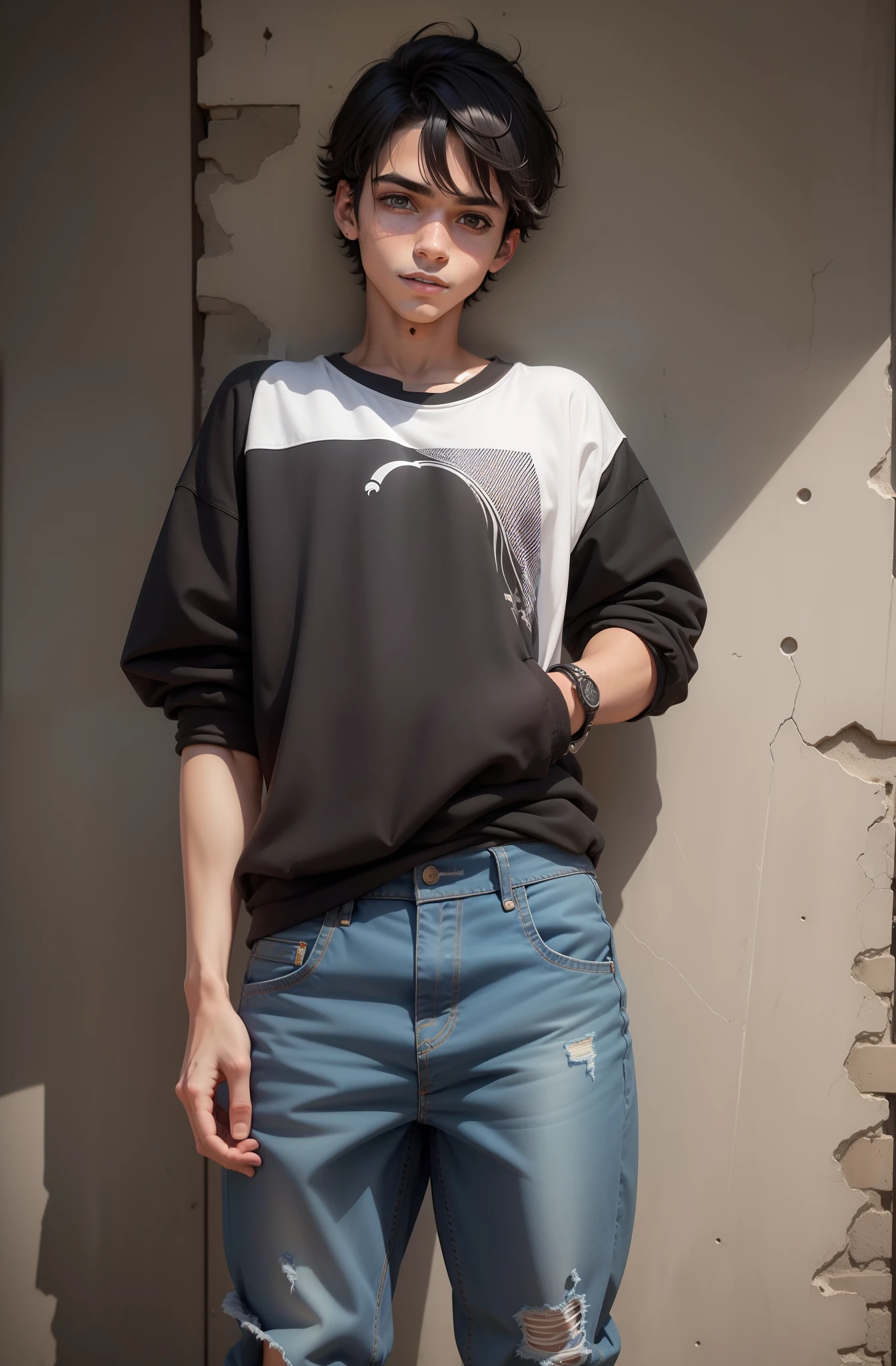 garoto homem adolescente, 15 anos de idade, loiro, olhos castanhos, cabelo desgrenhado, cabelo grande, roupas largas, sorriso no rosto, arte realista, realista, camisa preta, Denim Jeans Pants, corpo inteiro, ultra detalhado, anatomia detalhada, tenis all star preto, moletom preto, pale skinned, pele branca, cabelo longo, roupa larga, detailed left hand, moletom inteiramente preto, sem parte branca na roupa, sem partes azuis na roupa, roupa toda preta