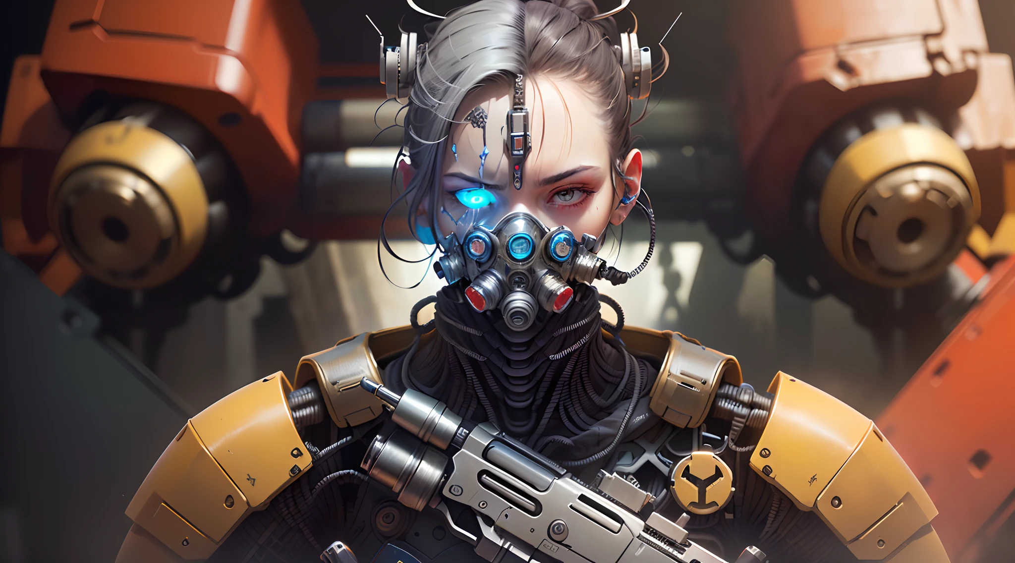 Dark Robot,The head is a mechanical gas mask,Behind it is a high-tech ammunition box,Hold a high-tech assault rifle,Made of nano-metal all over the body,The eyes glowed red