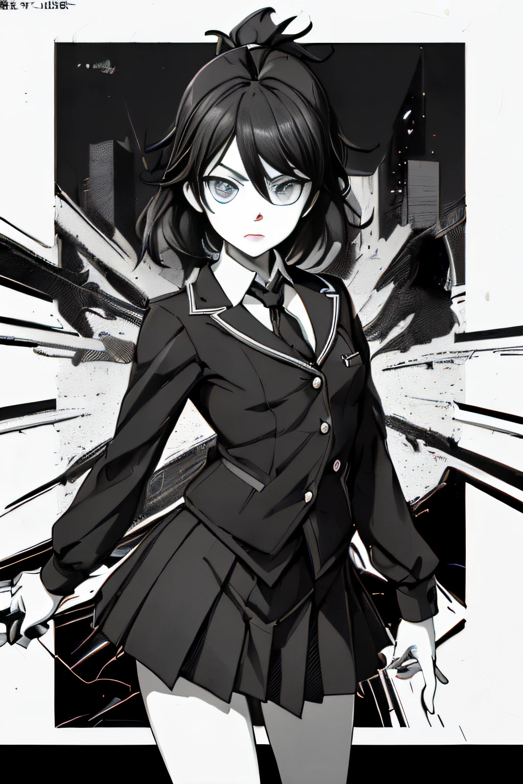 (Comic Noir Style),(linear art_Anime),(black-and-white_High contrast),(masutepiece, Best Quality, ),(Loravard Photos:1.2),(Lora Add Details:1.2),8K, Flat color:1.2,1girl in,hi-school girl、school  background、actionpose