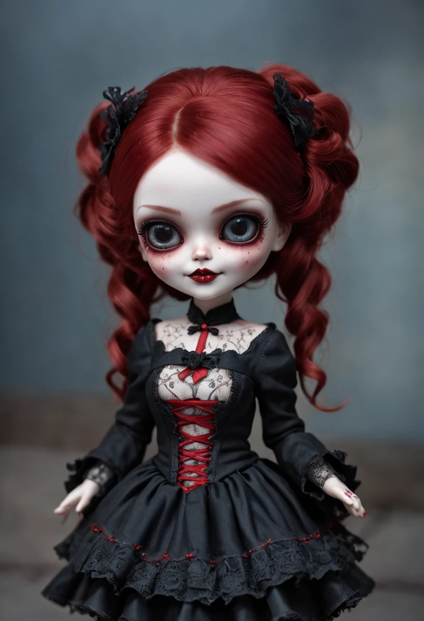 A Colored Tattoo Art Masterpiece, Chibi Gothic Doll, red hair, creepy smiling, Blood and roses, detailed and Intrincicated, HD, Bioluminicense