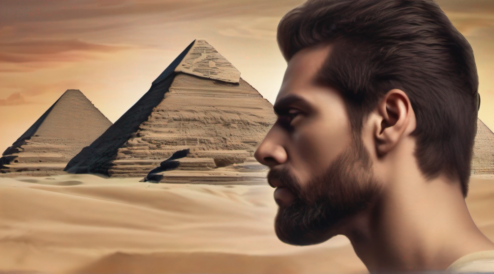 There is a beardless handsome man without glasses , Wearing three Egyptian pyramids tattoos on his left arm, profile picture Realistic photo, 8K image