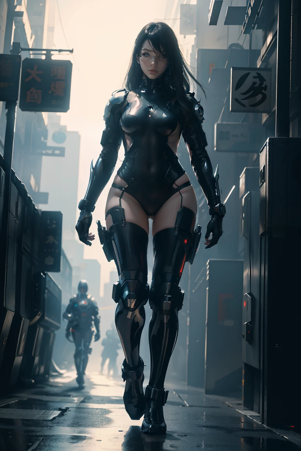 Walking down the street was a woman in a black latex suit, cyberpunk art inspired by Ayami Kojima, trending on CGSociety, Digital art, cyberpunk glossy latex suit, female cyberpunk anime girl, cyberpunk anime girl, an oppai cyberpunk, Cyberpunk girl, Cyborg girl, female cyberpunk, perfect anime cyborg woman, anime cyberpunk, perfect android girl, cyber suit, at cyberpunk city，Super big breasts，exposed。