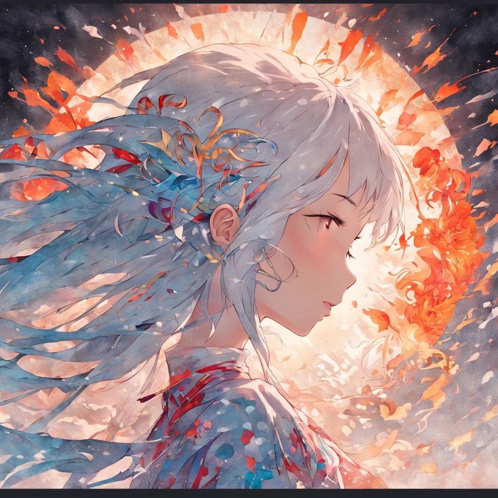 (White background:1.4),(Silhouette of a girl's head, Eyes closed, colorfull long hair, Oriental elements),(Chinese illustration:1.3,paper art:1.3, Quilted paper art:1.2),( reasonable design, Clear lines, High sharpness,Best quality, Very detailed, Masterpiece, movie light effect, 4K )