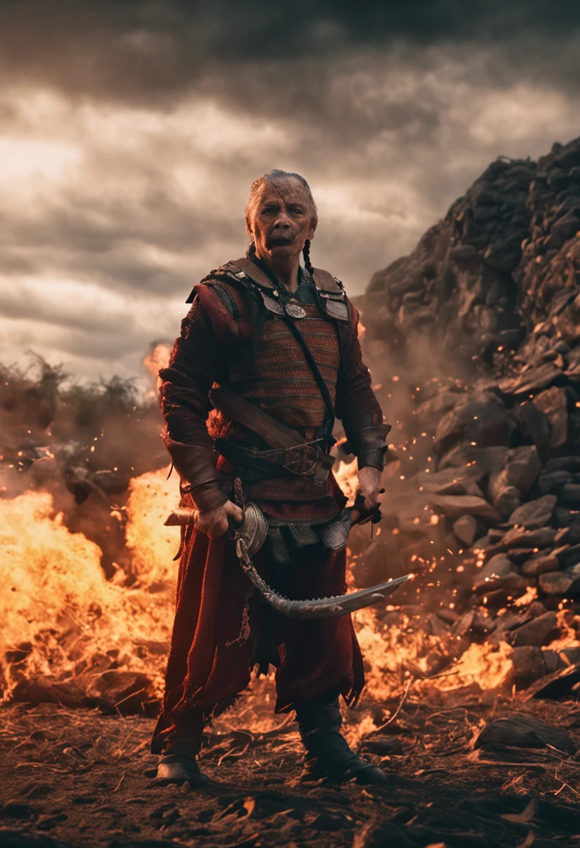 Menino, in hero's clothes, de 11anos de idade  ao ar livre, cabelo curto, Scenario training in the lurgar to fight with fire sword  (8k high resolution) (melhor qualidade) (Ultra Definition) (Ultra realista)(Foto RAW) (Foto realista) (bright illumination) ( olhar de guerreiro)