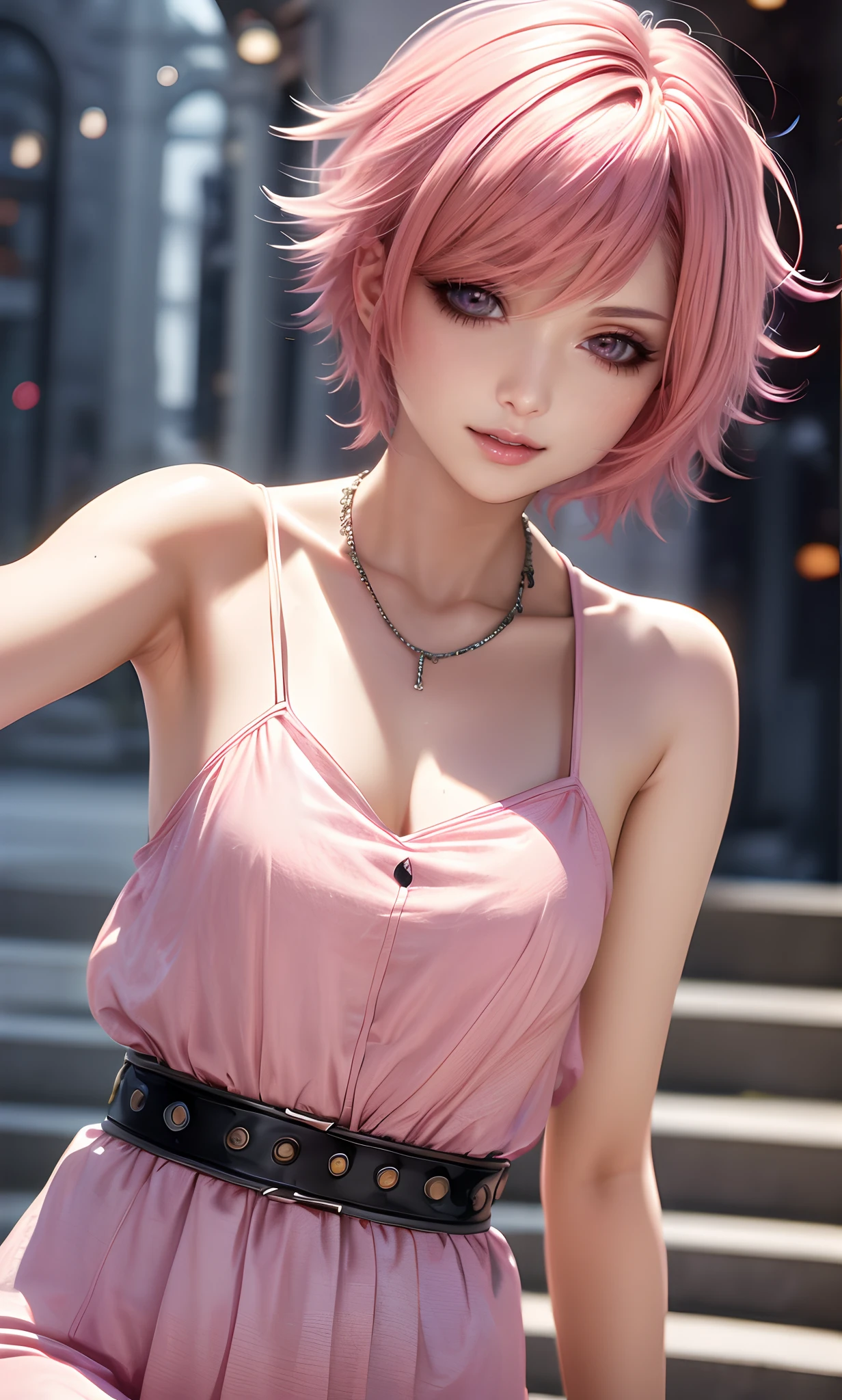 (highest quality, High resolution, muste piece:1.2), super detailed, realistic:1.37, pink hair, bob hair, sleepy eyes, beautiful and detailed eyes, beautiful and detailed lips, smile, choker, woman、she has a very big and beautiful bust、full body esbian、eyes are slightly upward、Eyes turn towards the whites of the eyes、Open your mouth so wide it hurts、open your legs wide、Put your butt on the ground、put your hands behind your body、Turn your knees outward、see through bra、see through panties、in the street