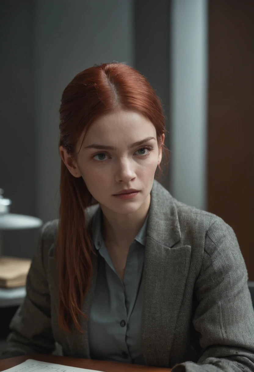 create an image of a young woman in an office with an atmosphere similar to the movie 'The Matrix'. She's sitting at a table, totalmente engrossada em seus estudos. His glasses enhance his concentrated expression, and his green eyes are turned directly to the viewer, conveying a sense of connection. Her red hair is tied up in a casual ponytail, while she wears a comfortable pullover. She's alone in the room, cercada por estantes cheias de livros. One of the books is open in front of you, with graphics reminiscent of the aesthetics of the 'Matrix' series. The environment combines elements of the film's futuristic setting with the cozy feel of a personal study space. The image captures an intimate moment of concentrated learning.